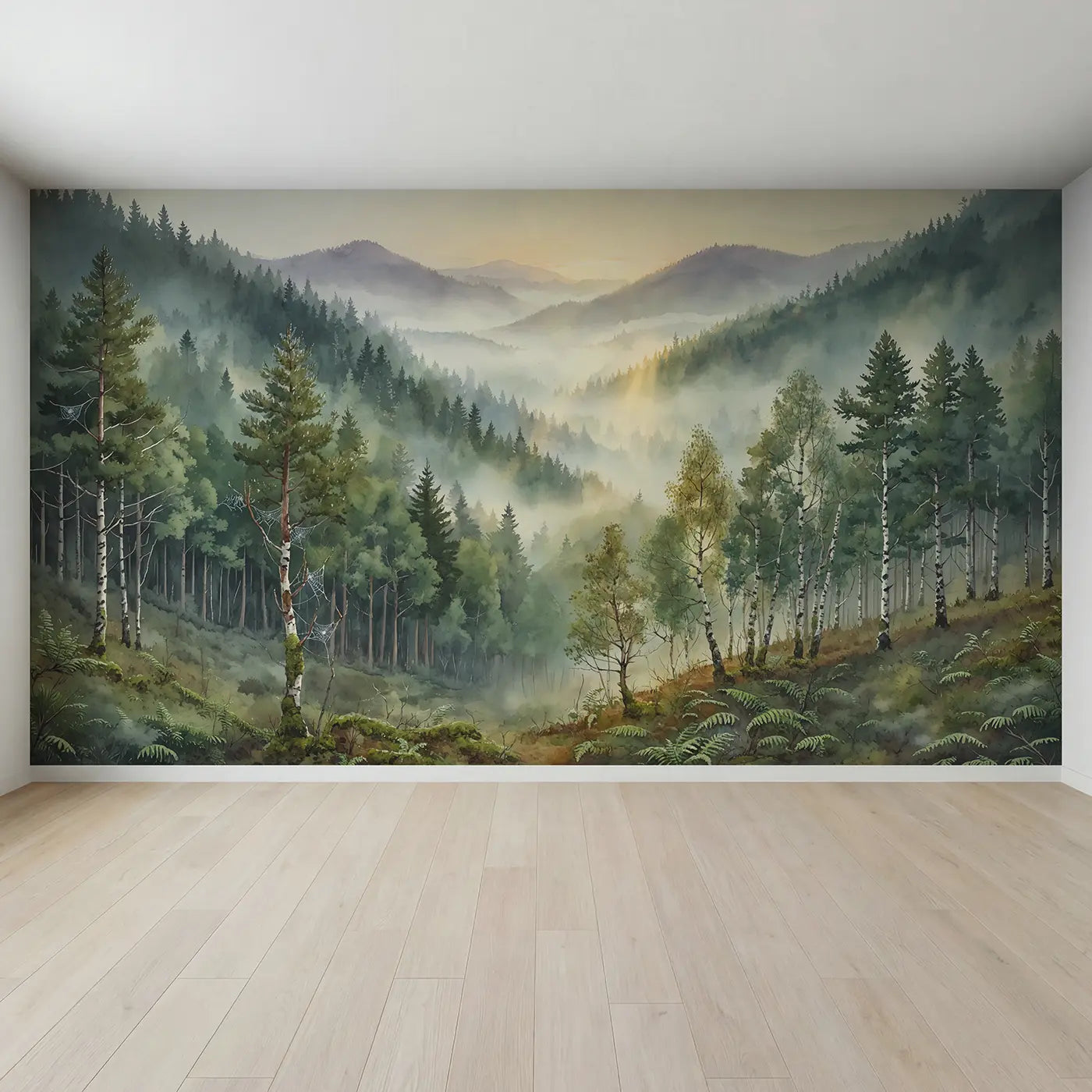 Full view of Misty Valley Sunrise Forest Wallpaper Mural by Whimsy Tots