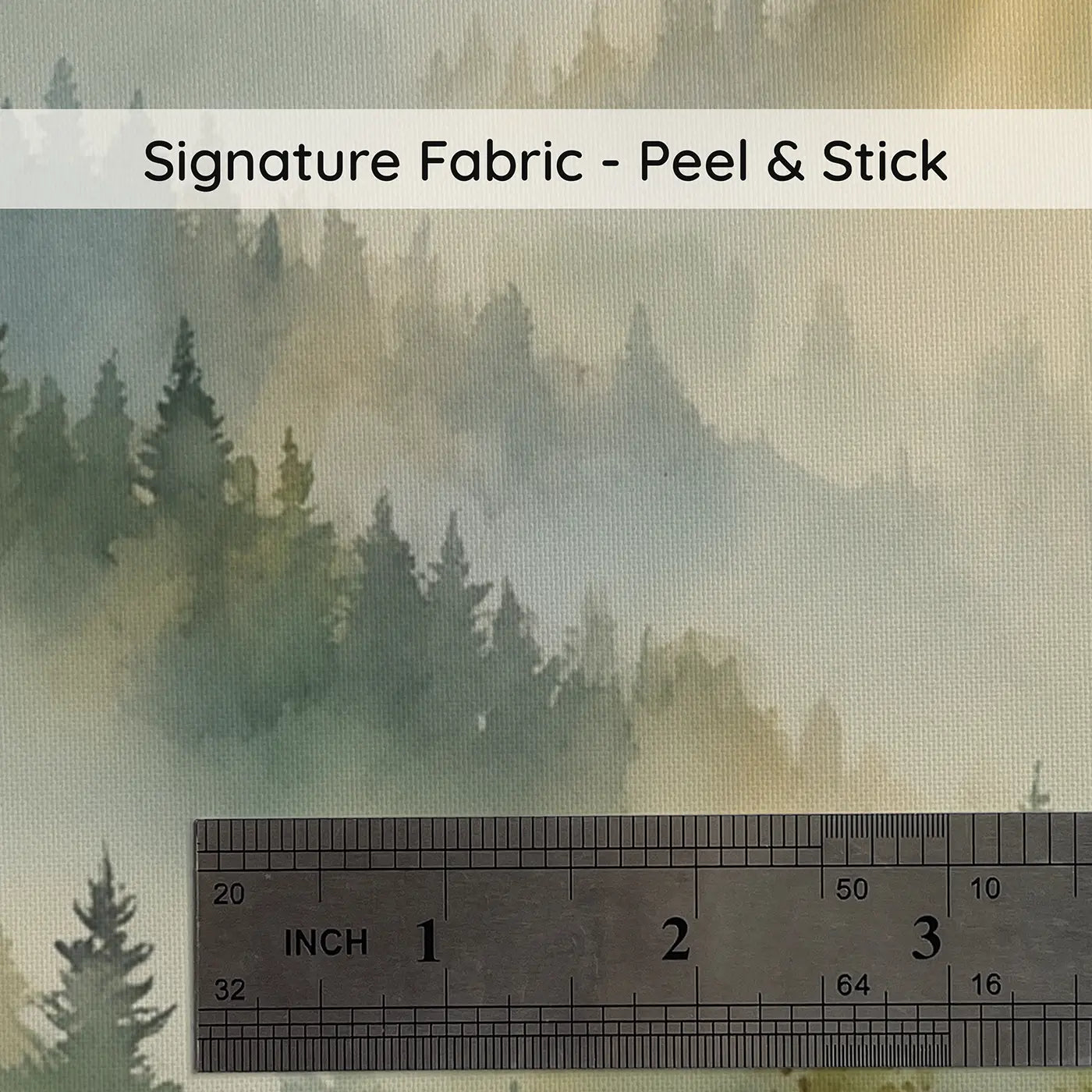 Fabric texture close-up of Misty Valley Sunrise Forest Wallpaper Mural by Whimsy Tots