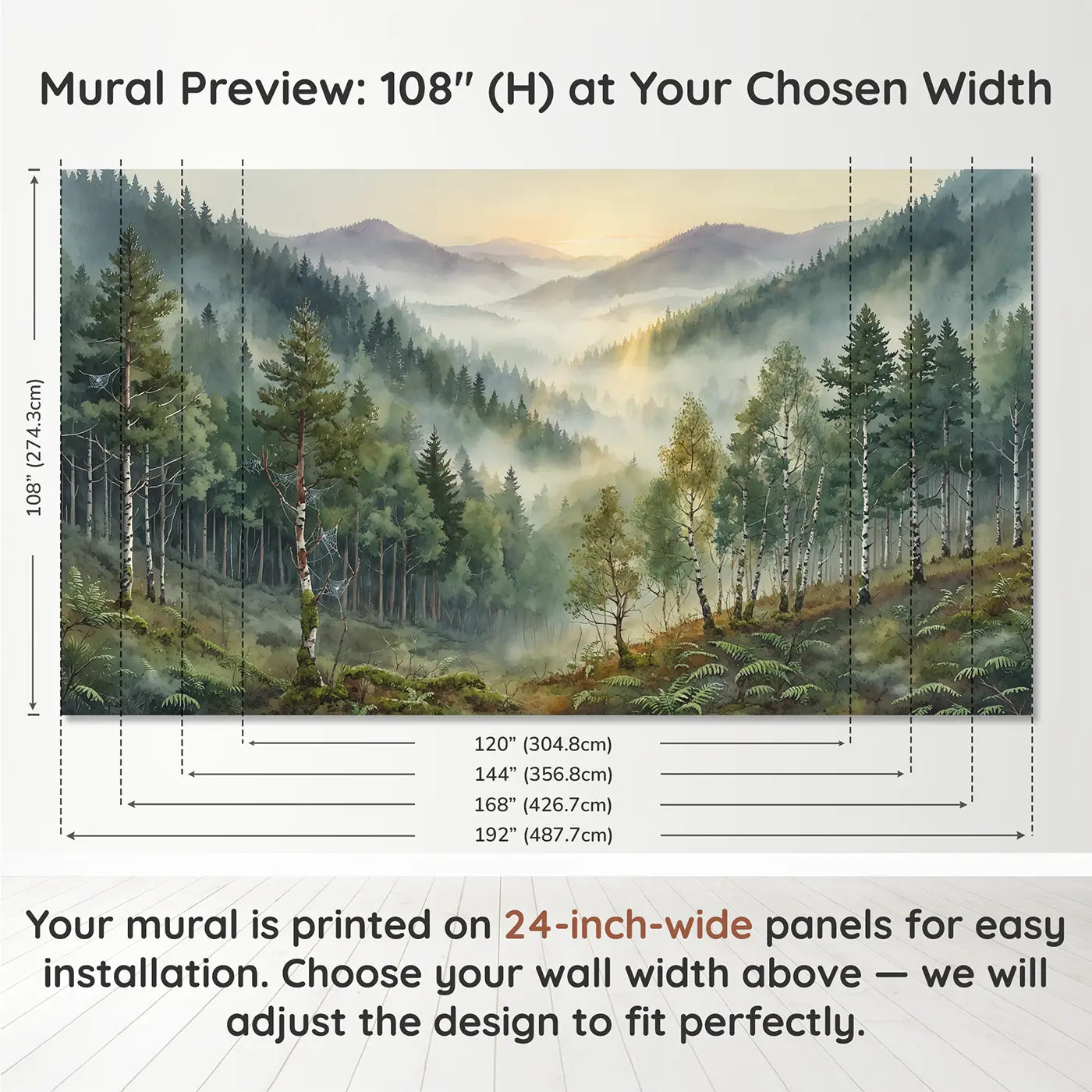 Panel layout and dimensions for Misty Valley Sunrise Forest Wallpaper Mural by Whimsy Tots