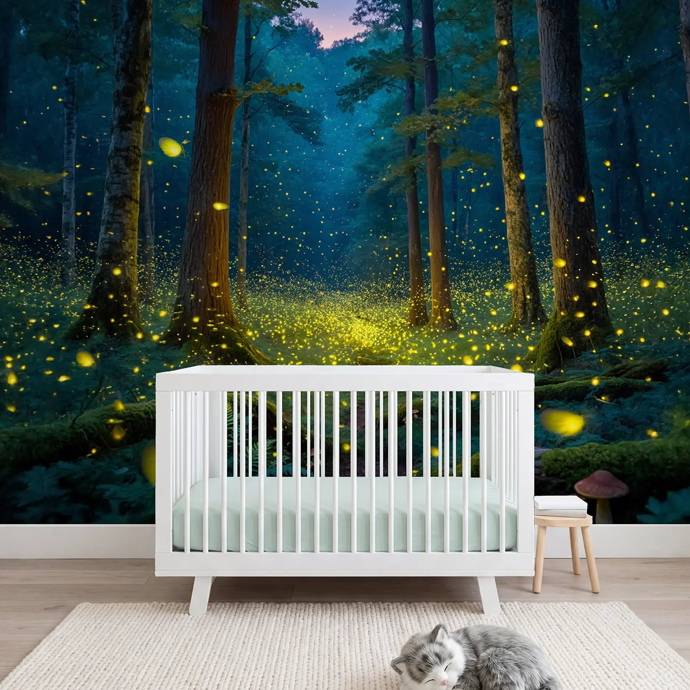 Soft Pastel firefly forest twilight wallpaper mural for nursery by Whimsy Tots