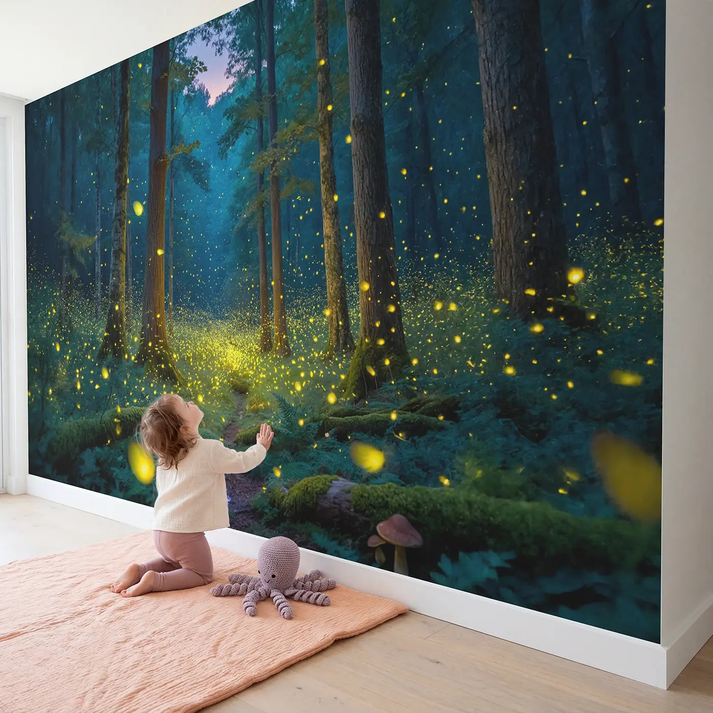 Child in nursery with Firefly Forest Twilight Wallpaper Mural by Whimsy Tots
