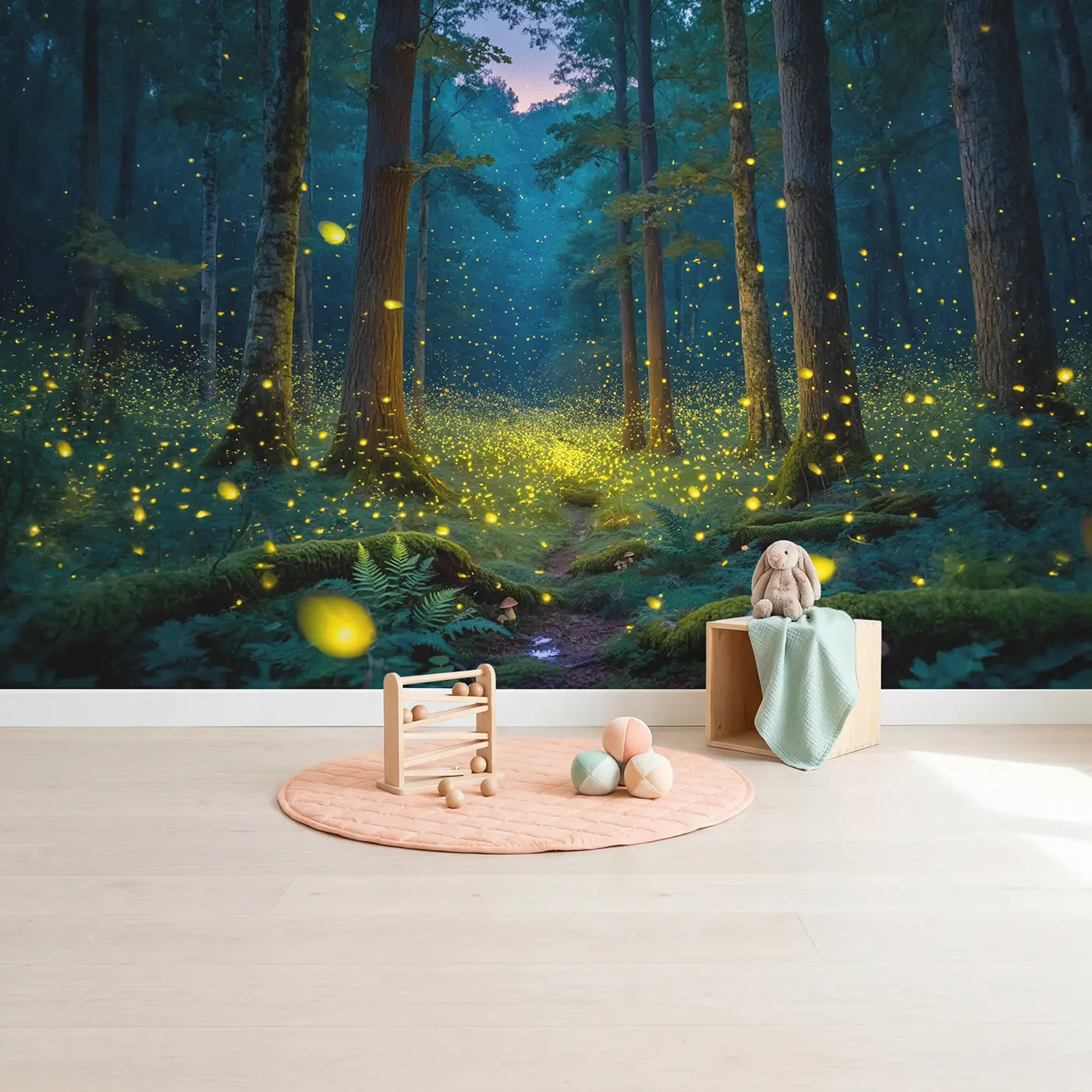 Firefly Forest Twilight Wallpaper Mural in playroom setting by Whimsy Tots