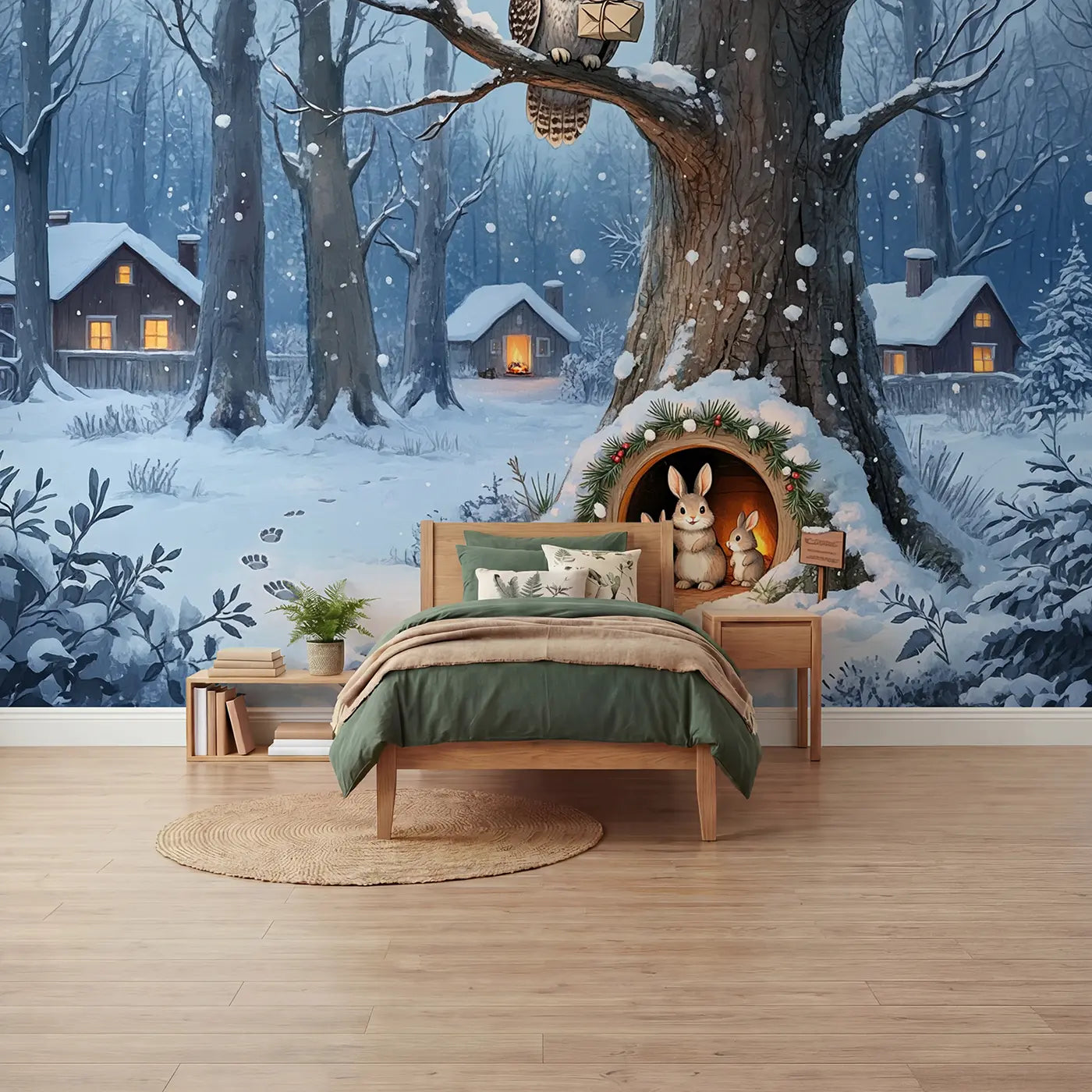 Soft Pastel owl delivery rabbit burrow snow wallpaper mural for kids room by Whimsy Tots