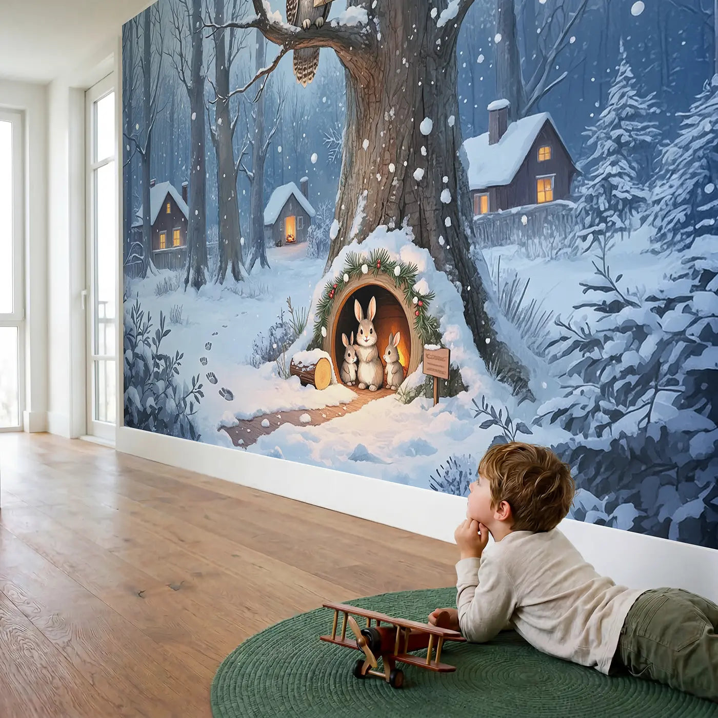 Child in nursery with Owl Delivery Rabbit Burrow Snow Wallpaper Mural by Whimsy Tots