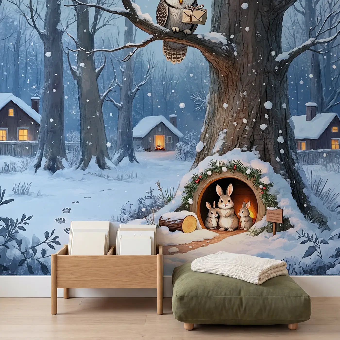 Owl Delivery Rabbit Burrow Snow Wallpaper Mural in playroom setting by Whimsy Tots