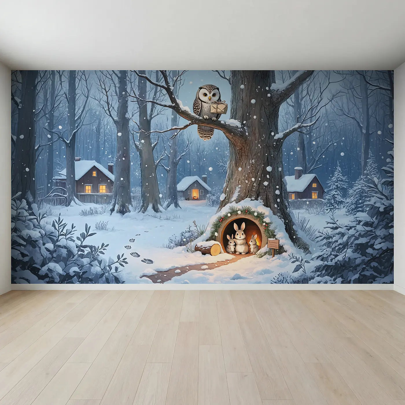 Full view of Owl Delivery Rabbit Burrow Snow Wallpaper Mural by Whimsy Tots