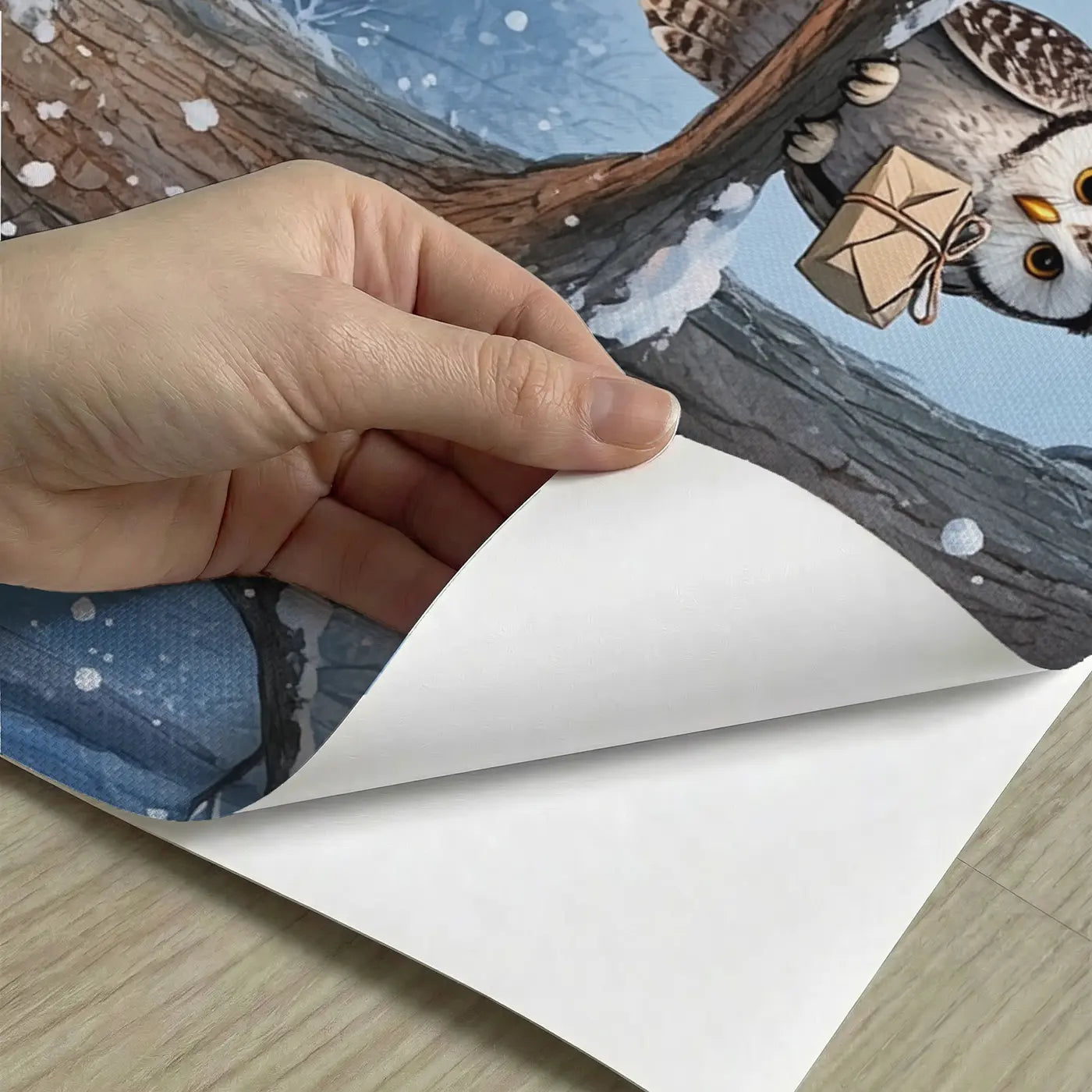 Peel-and-stick detail of Owl Delivery Rabbit Burrow Snow Wallpaper Mural by Whimsy Tots