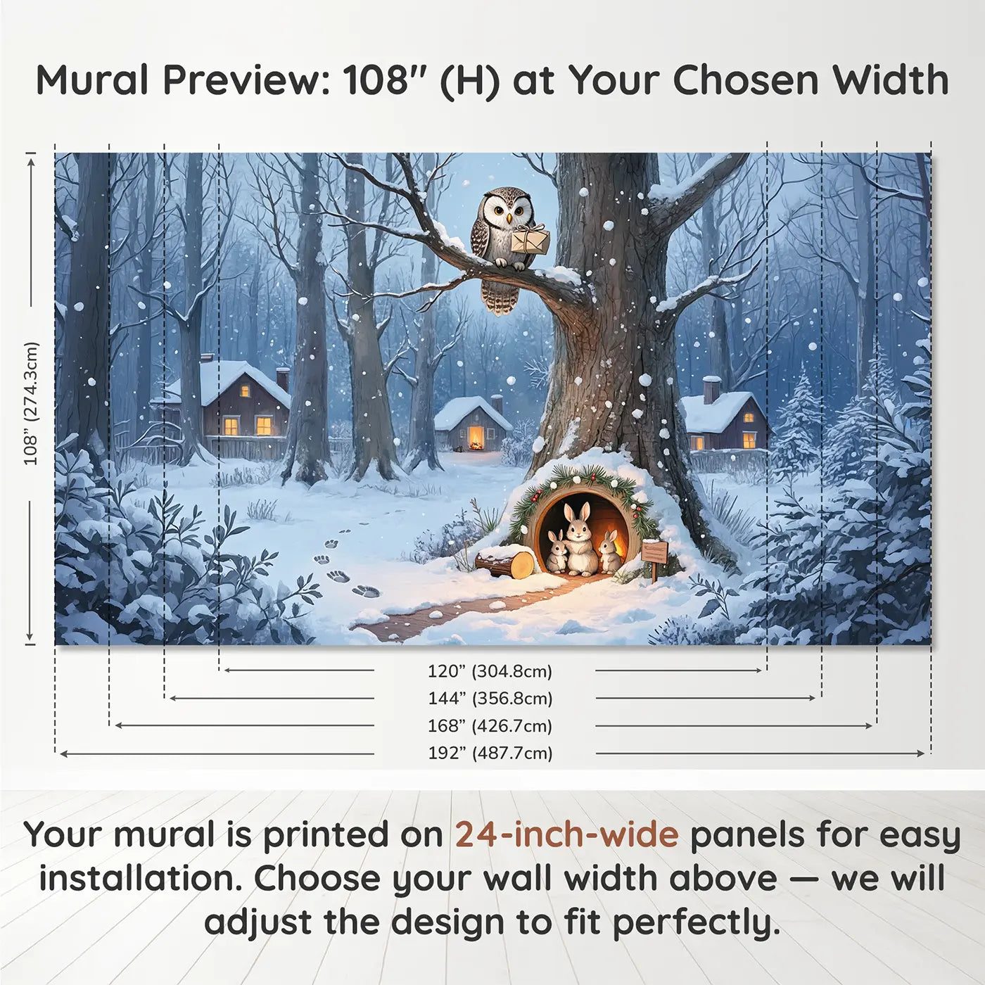 Panel layout and dimensions for Owl Delivery Rabbit Burrow Snow Wallpaper Mural by Whimsy Tots