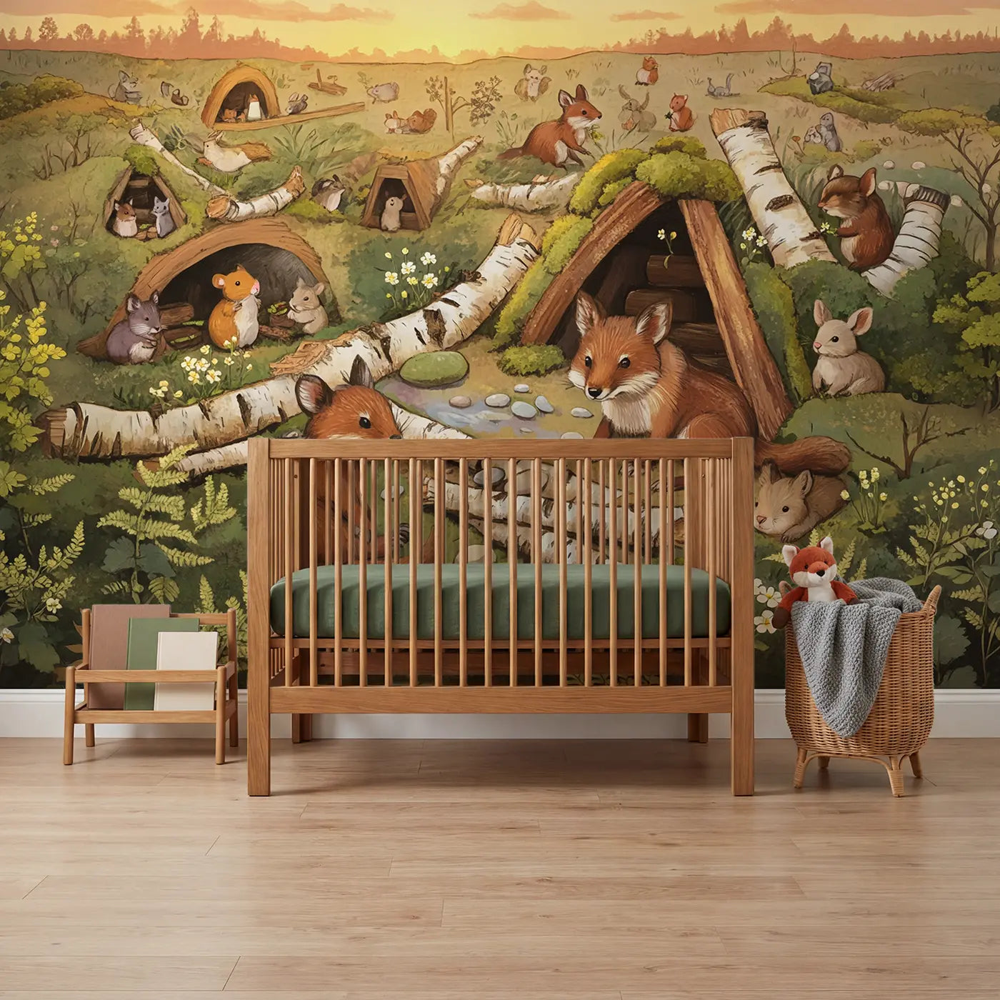 pastel forest animals cozy den wallpaper mural for nursery by Whimsy Tots