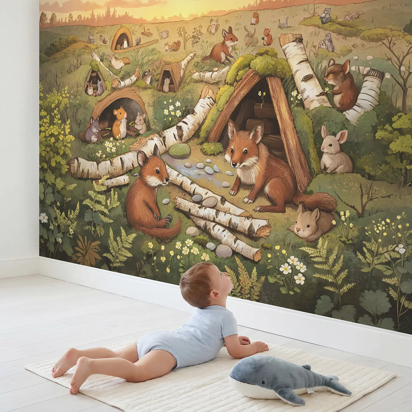 Child in nursery with Forest Animals Building Cozy Wallpaper Mural by Whimsy Tots