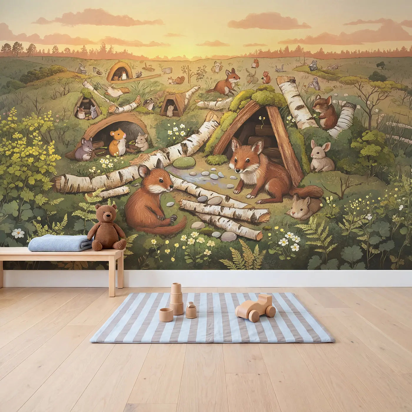 Forest Animals Building Cozy Wallpaper Mural in playroom setting by Whimsy Tots