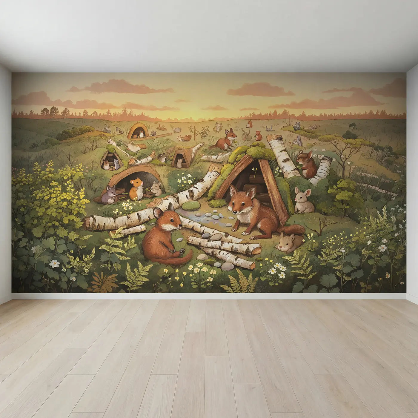 Full view of Forest Animals Building Cozy Wallpaper Mural by Whimsy Tots