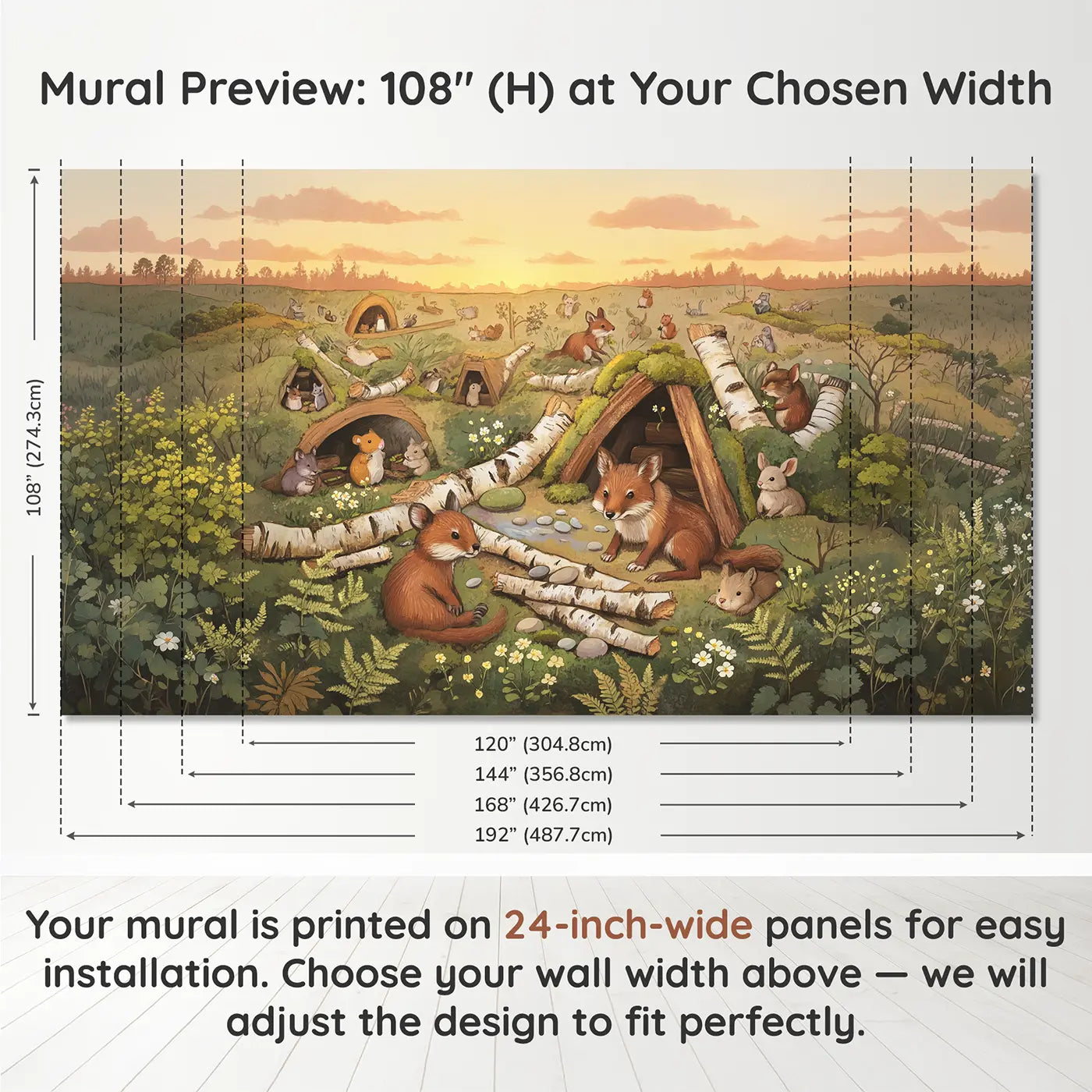Panel layout and dimensions for Forest Animals Building Cozy Wallpaper Mural by Whimsy Tots