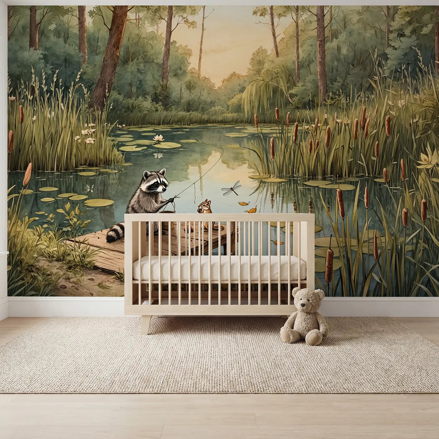 Storybook raccoon forest pond fishing wallpaper mural for kids room by Whimsy Tots