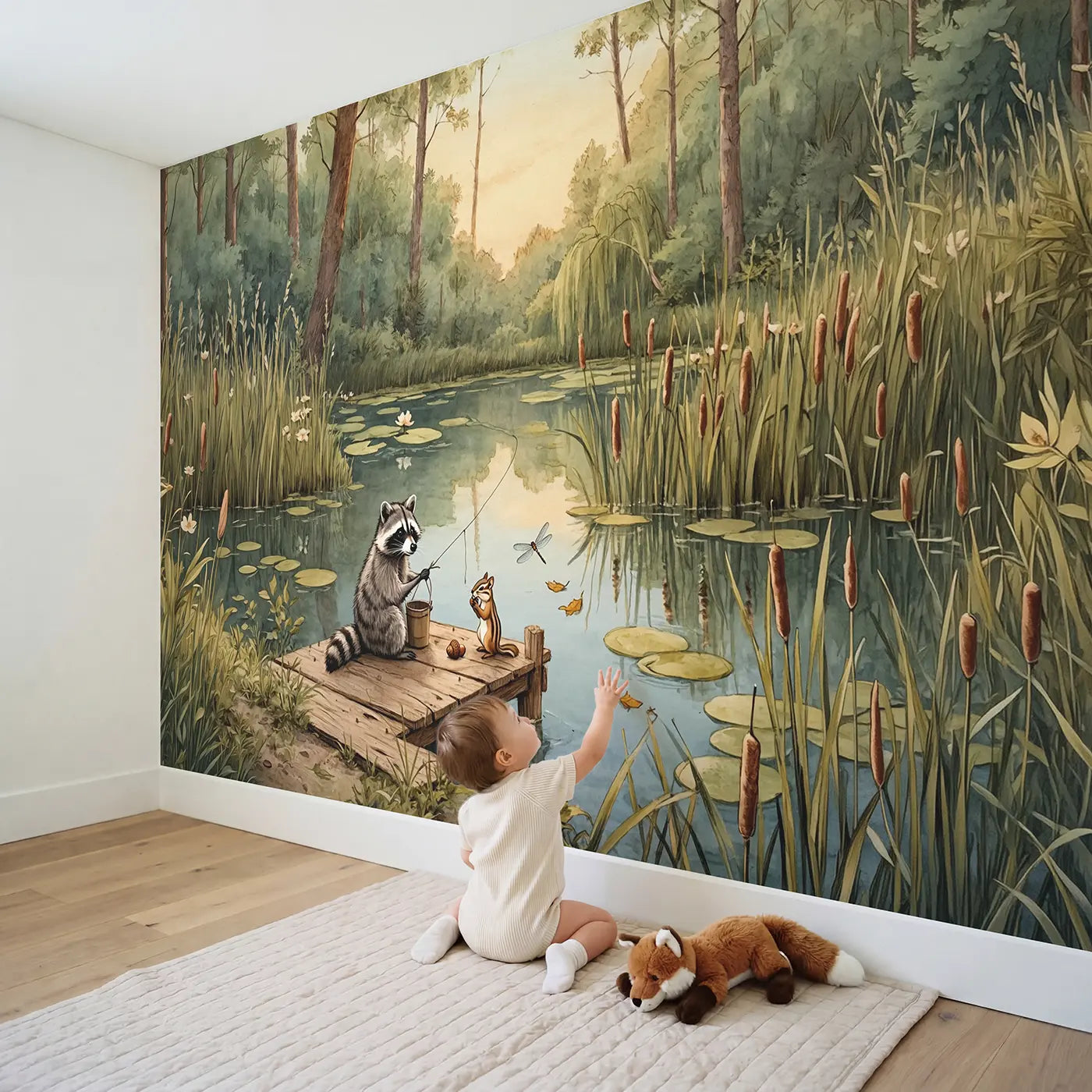 Child in nursery with Forest Pond Fishing Wallpaper Mural by Whimsy Tots