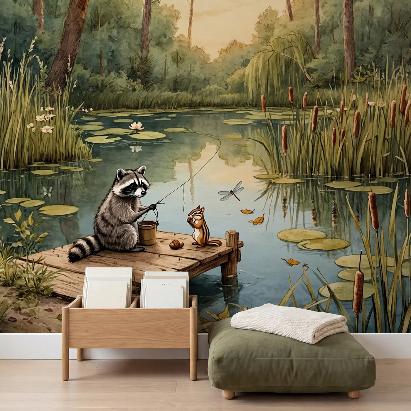 Forest Pond Fishing Wallpaper Mural in playroom setting by Whimsy Tots