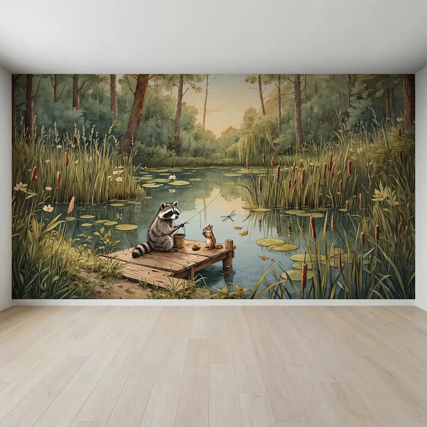 Full view of Forest Pond Fishing Wallpaper Mural by Whimsy Tots