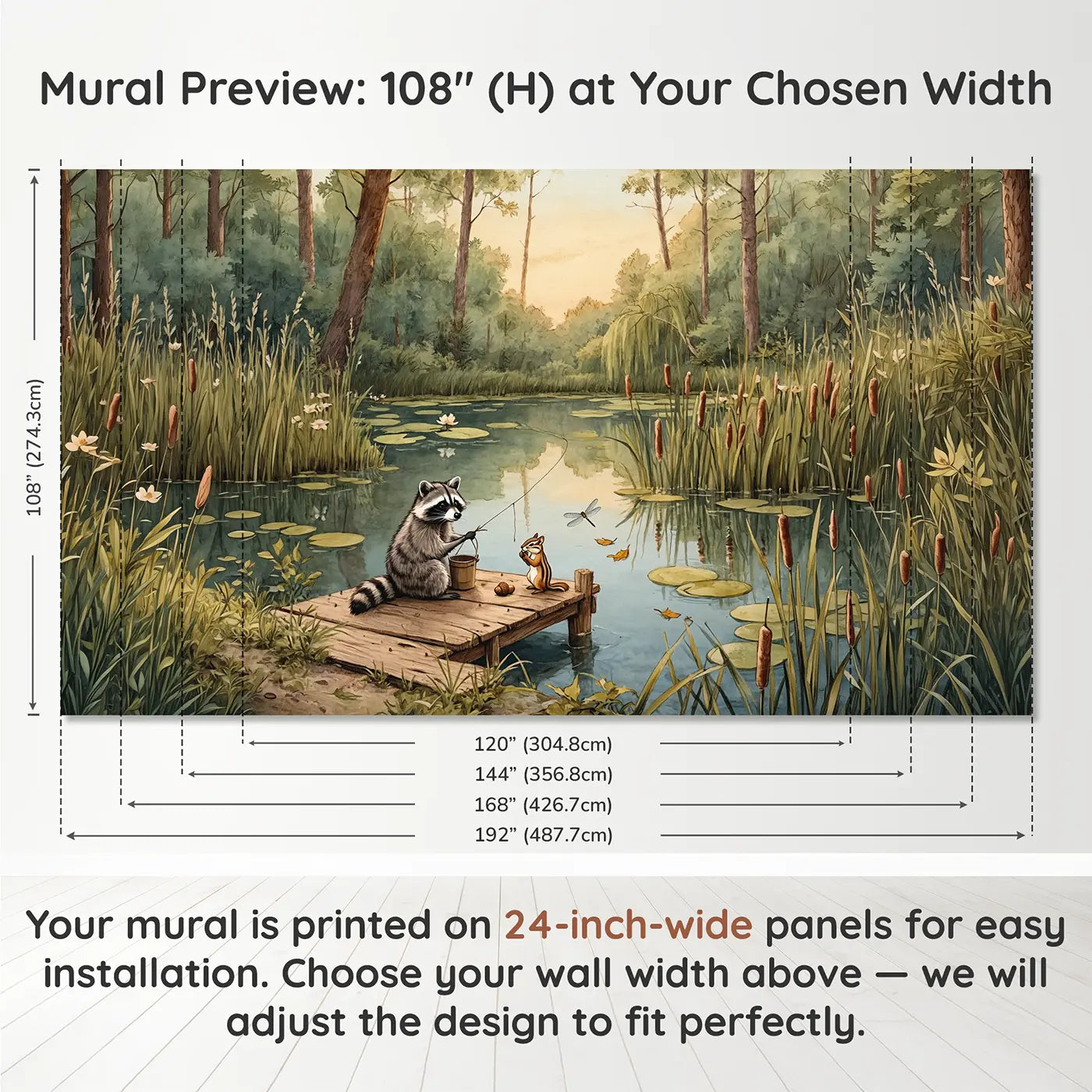 Panel layout and dimensions for Forest Pond Fishing Wallpaper Mural by Whimsy Tots
