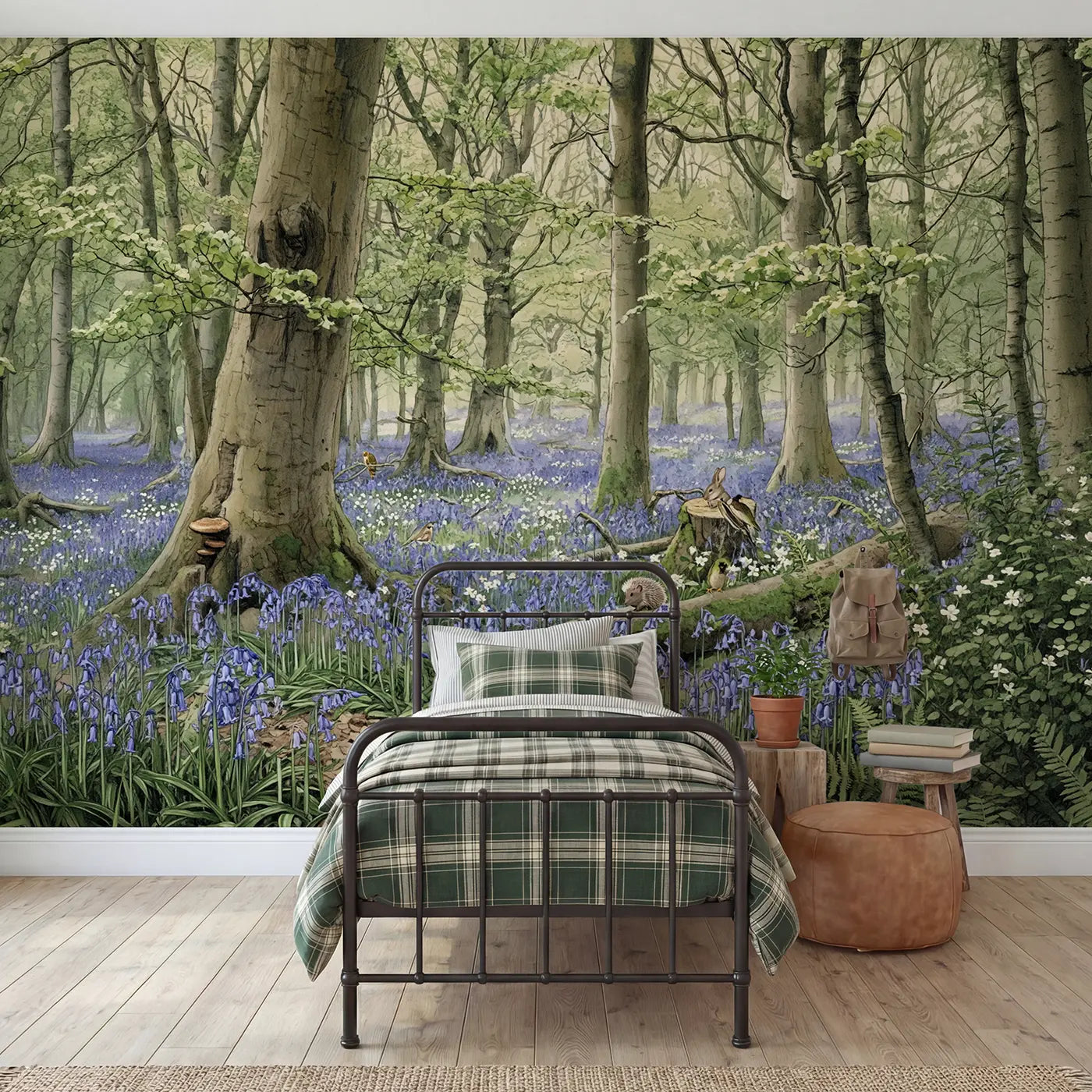 Storybook bluebell and fern forest wallpaper mural for kids room by Whimsy Tots