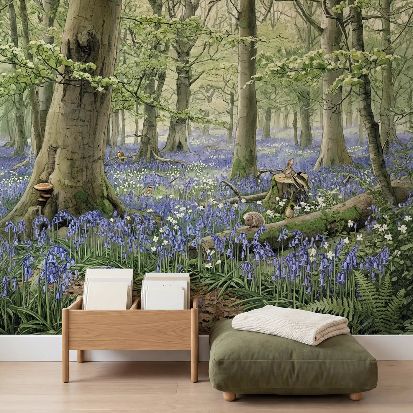 Bluebell Woodland Floor Wallpaper Mural in playroom setting by Whimsy Tots