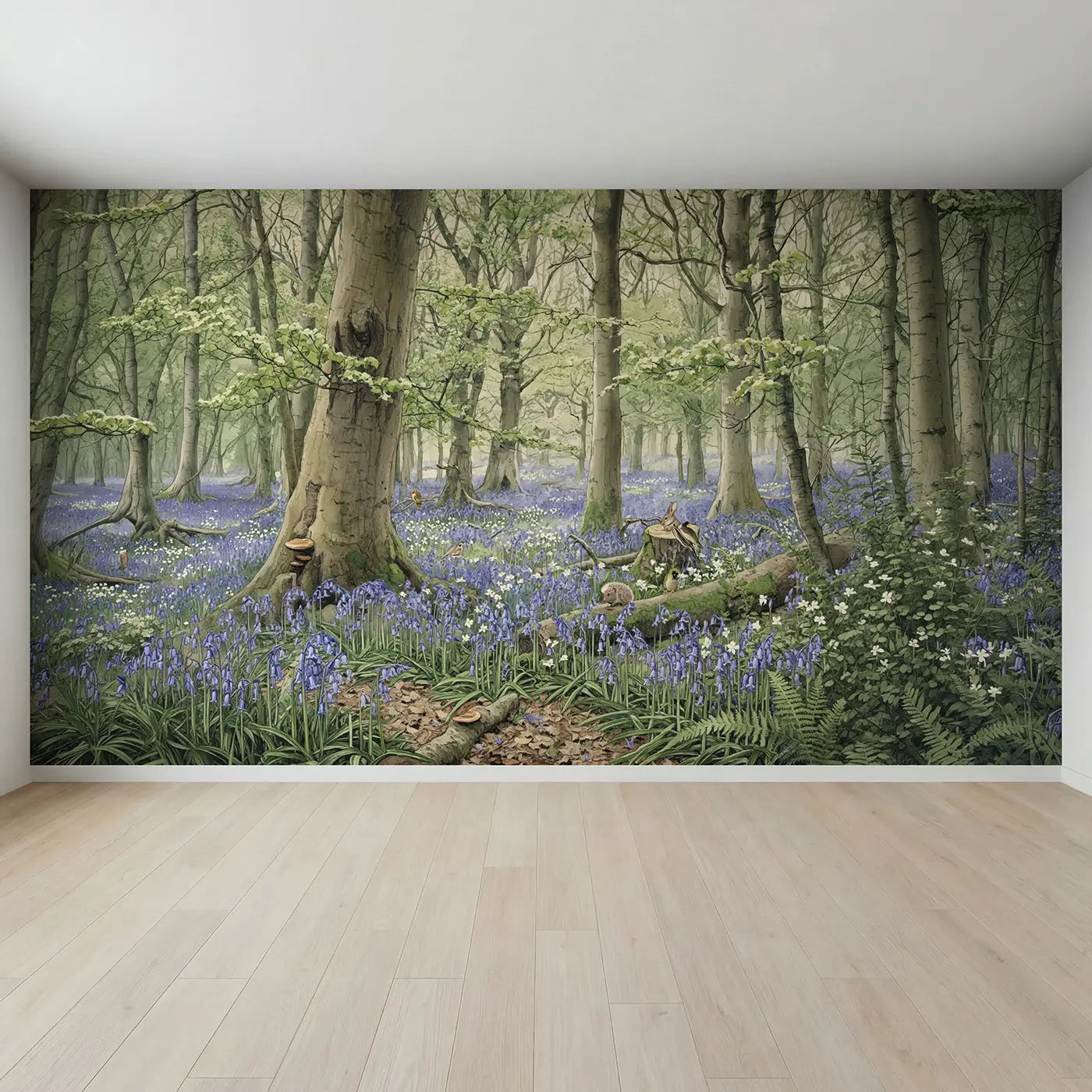 Full view of Bluebell Woodland Floor Wallpaper Mural by Whimsy Tots