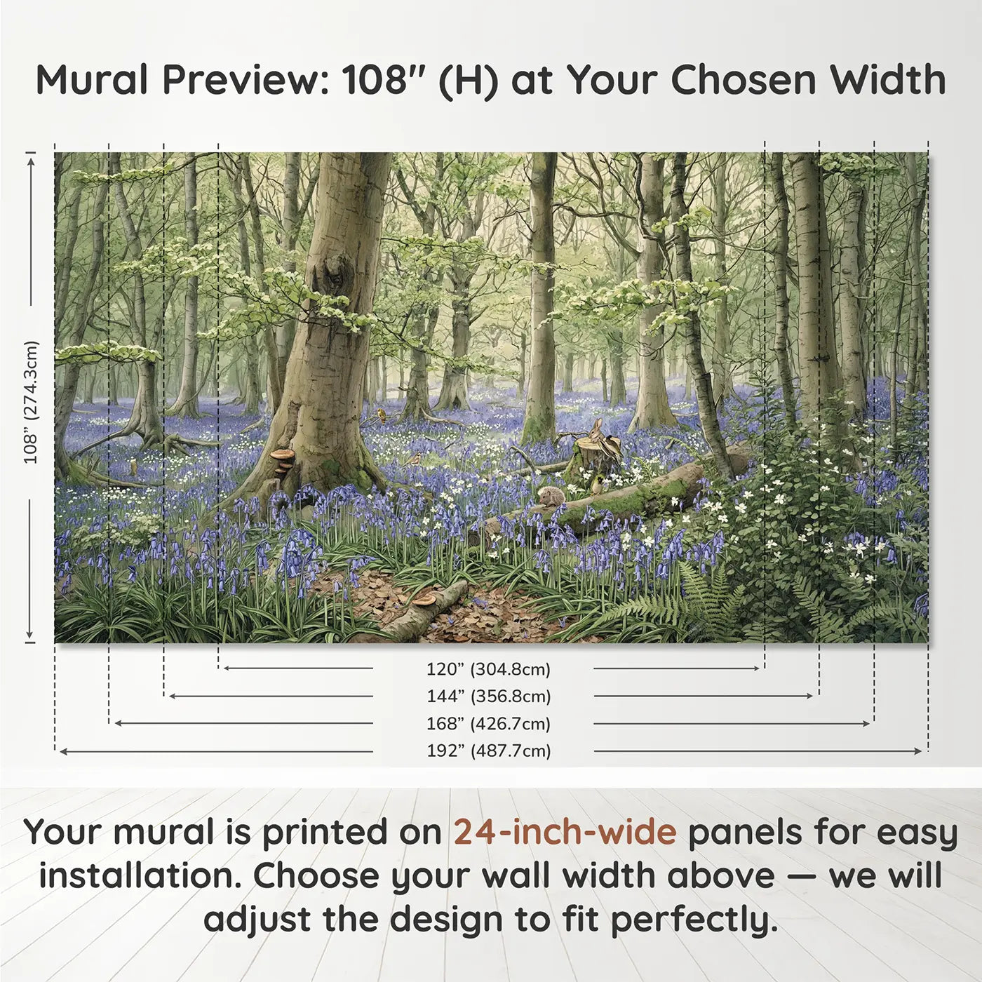 Panel layout and dimensions for Bluebell Woodland Floor Wallpaper Mural by Whimsy Tots
