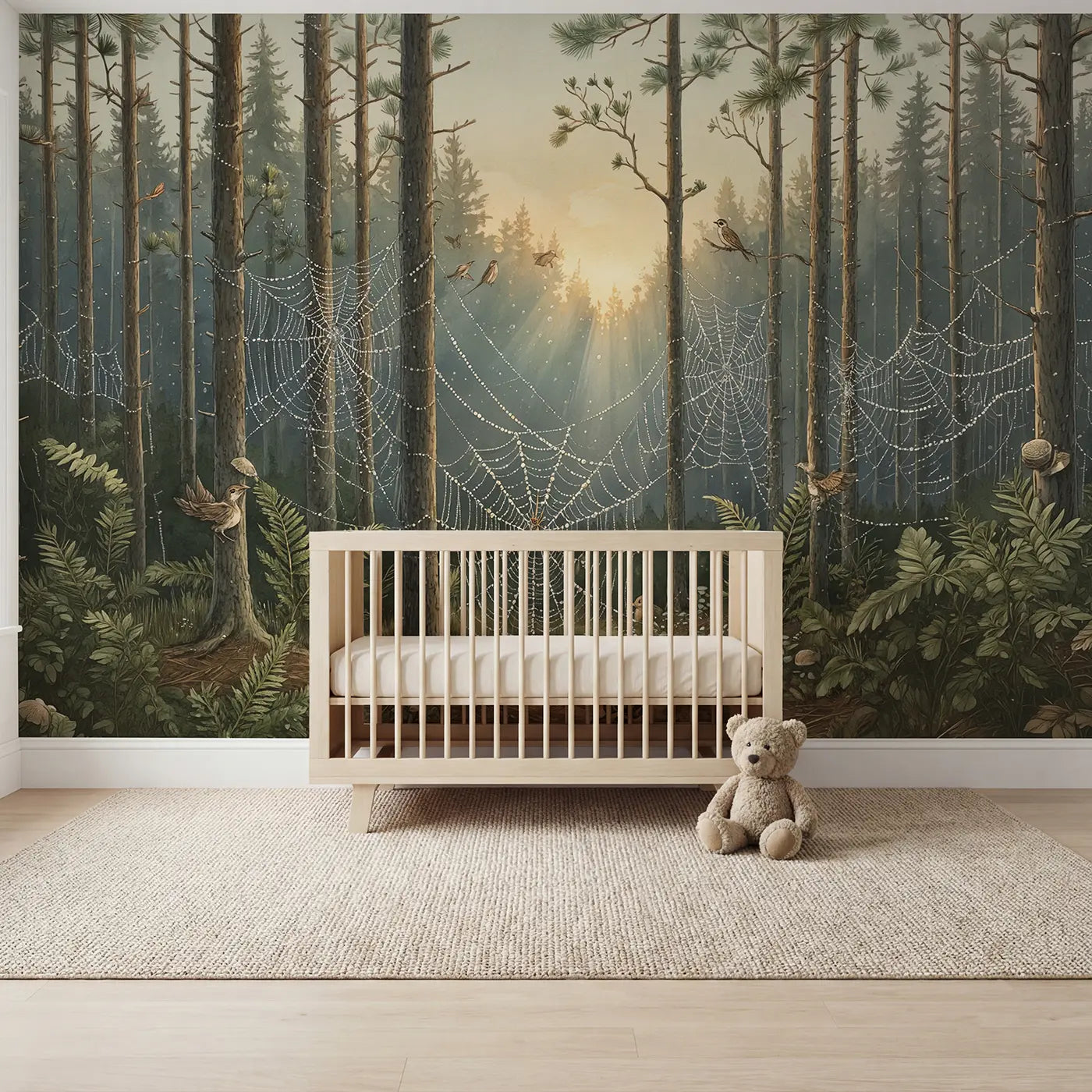 Storybook dewy cobwebs in pine forest misty dawn woodland wallpaper mural for nursery by Whimsy Tots
