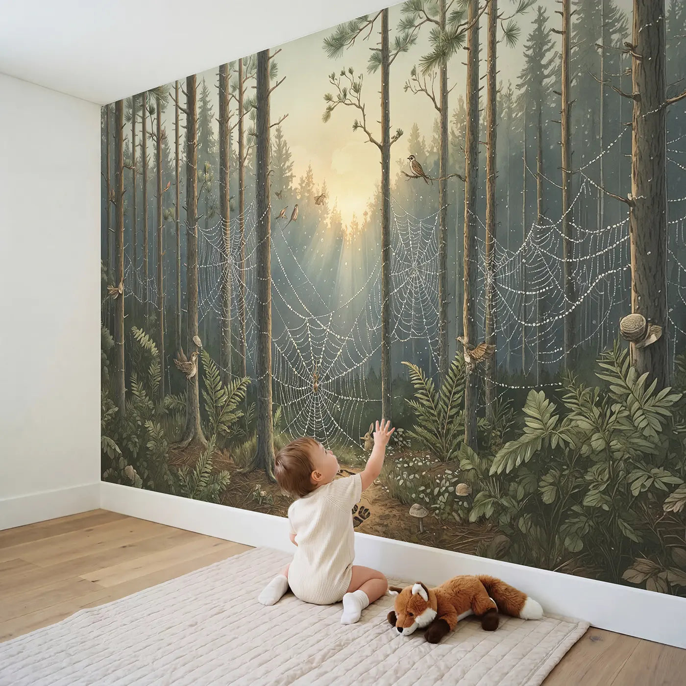 Child in nursery with Dewy Cobweb Pine Forest Wallpaper Mural by Whimsy Tots