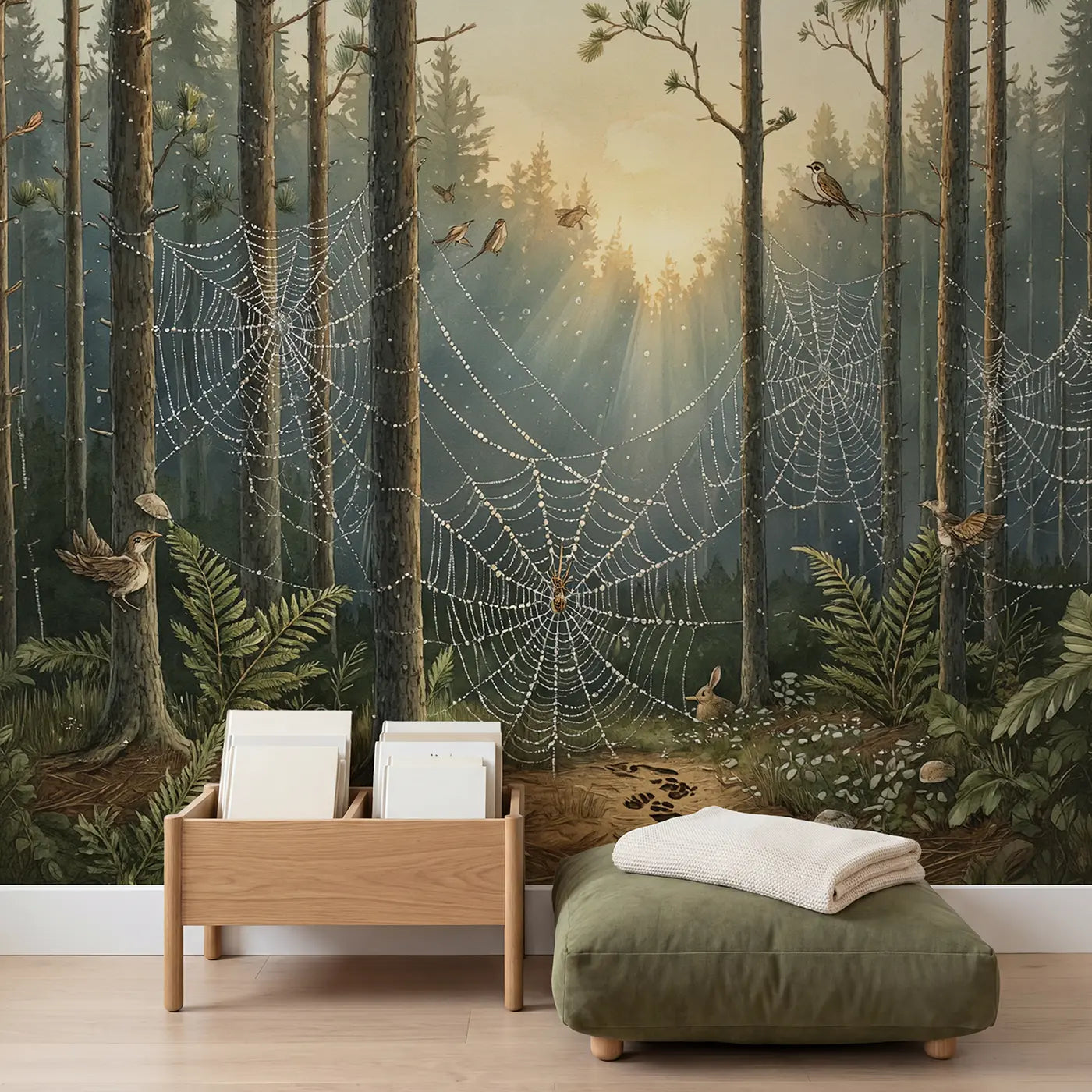 Dewy Cobweb Pine Forest Wallpaper Mural in playroom setting by Whimsy Tots