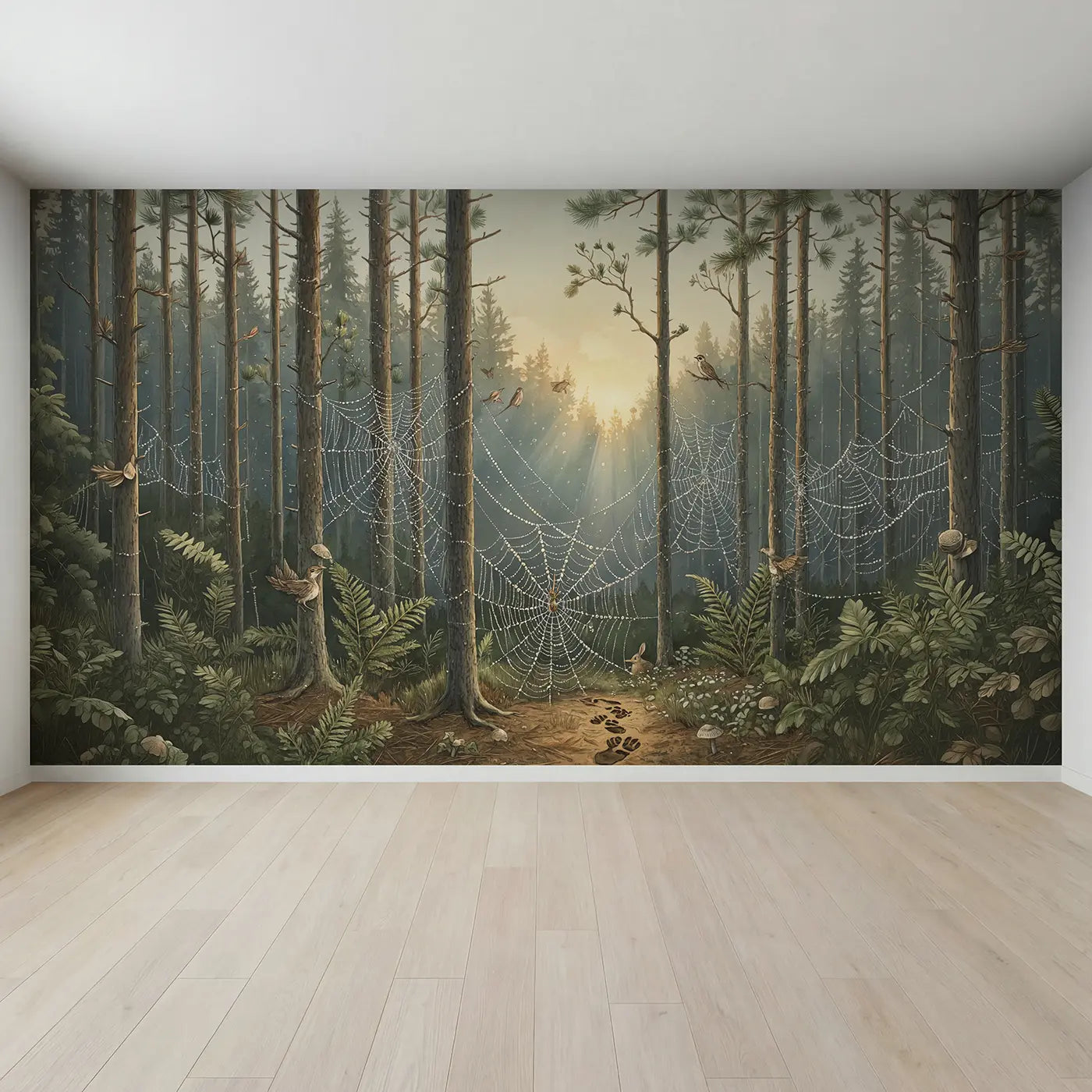 Full view of Dewy Cobweb Pine Forest Wallpaper Mural by Whimsy Tots