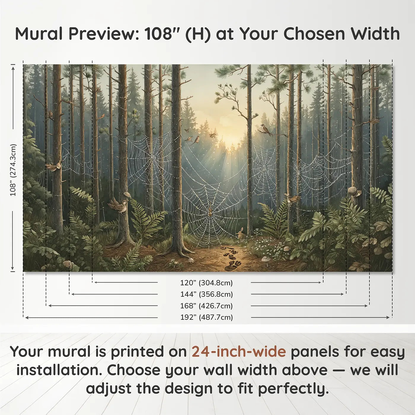 Panel layout and dimensions for Dewy Cobweb Pine Forest Wallpaper Mural by Whimsy Tots