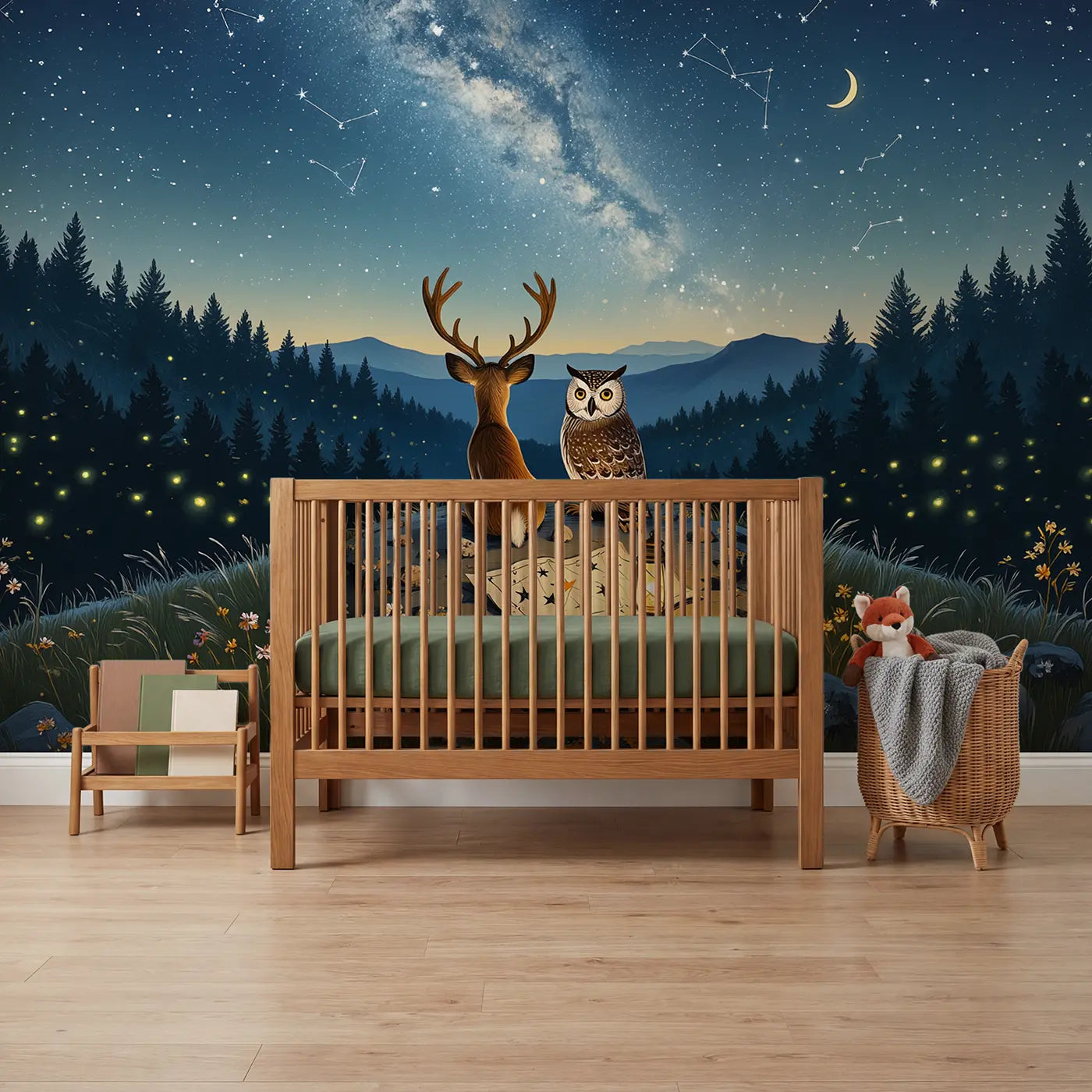 painted landscape deer owl stargazing hilltop night sky wallpaper mural for nursery by Whimsy Tots