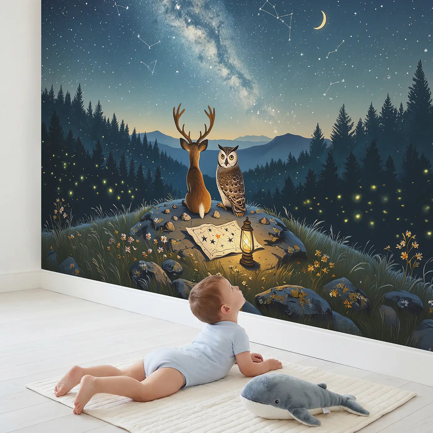 Child in nursery with Deer and Owl Stargazing Hill Wallpaper Mural by Whimsy Tots