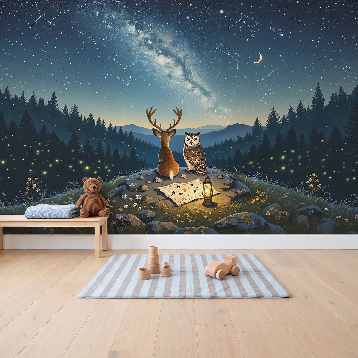Deer and Owl Stargazing Hill Wallpaper Mural in playroom setting by Whimsy Tots