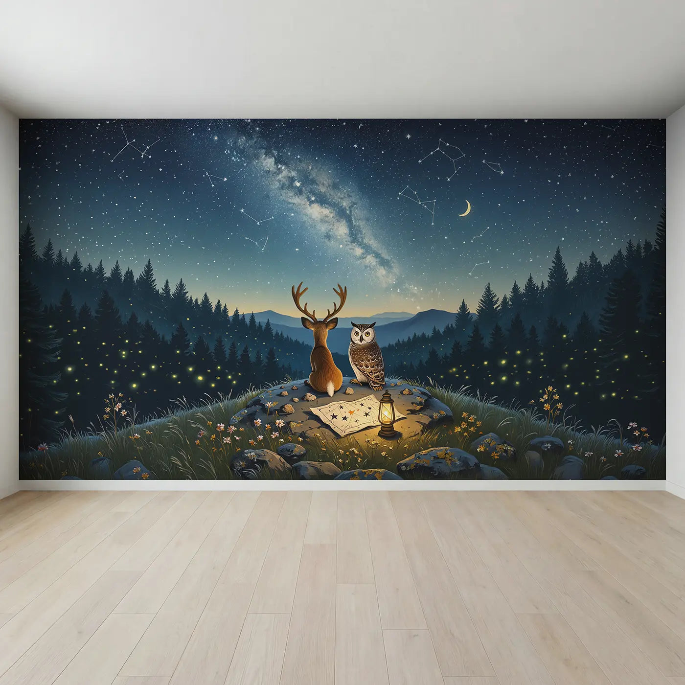 Full view of Deer and Owl Stargazing Hill Wallpaper Mural by Whimsy Tots