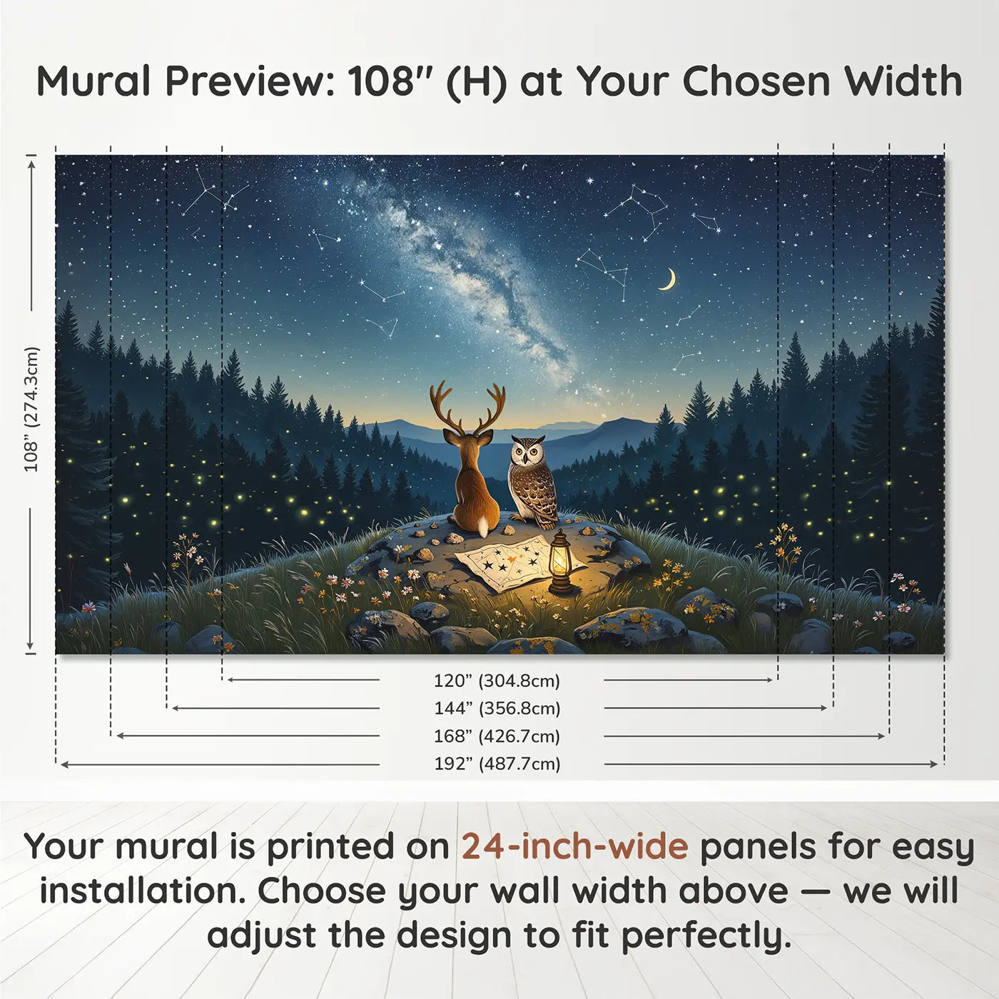 Panel layout and dimensions for Deer and Owl Stargazing Hill Wallpaper Mural by Whimsy Tots