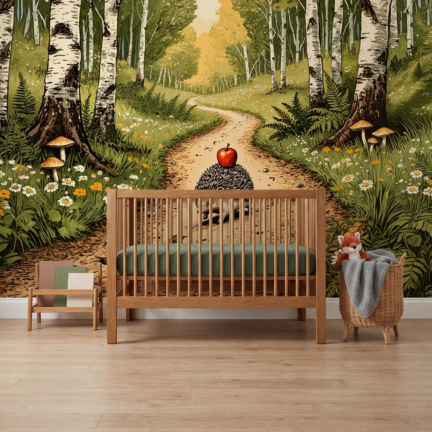 Block print hedgehog and forest wallpaper mural for nursery by Whimsy Tots