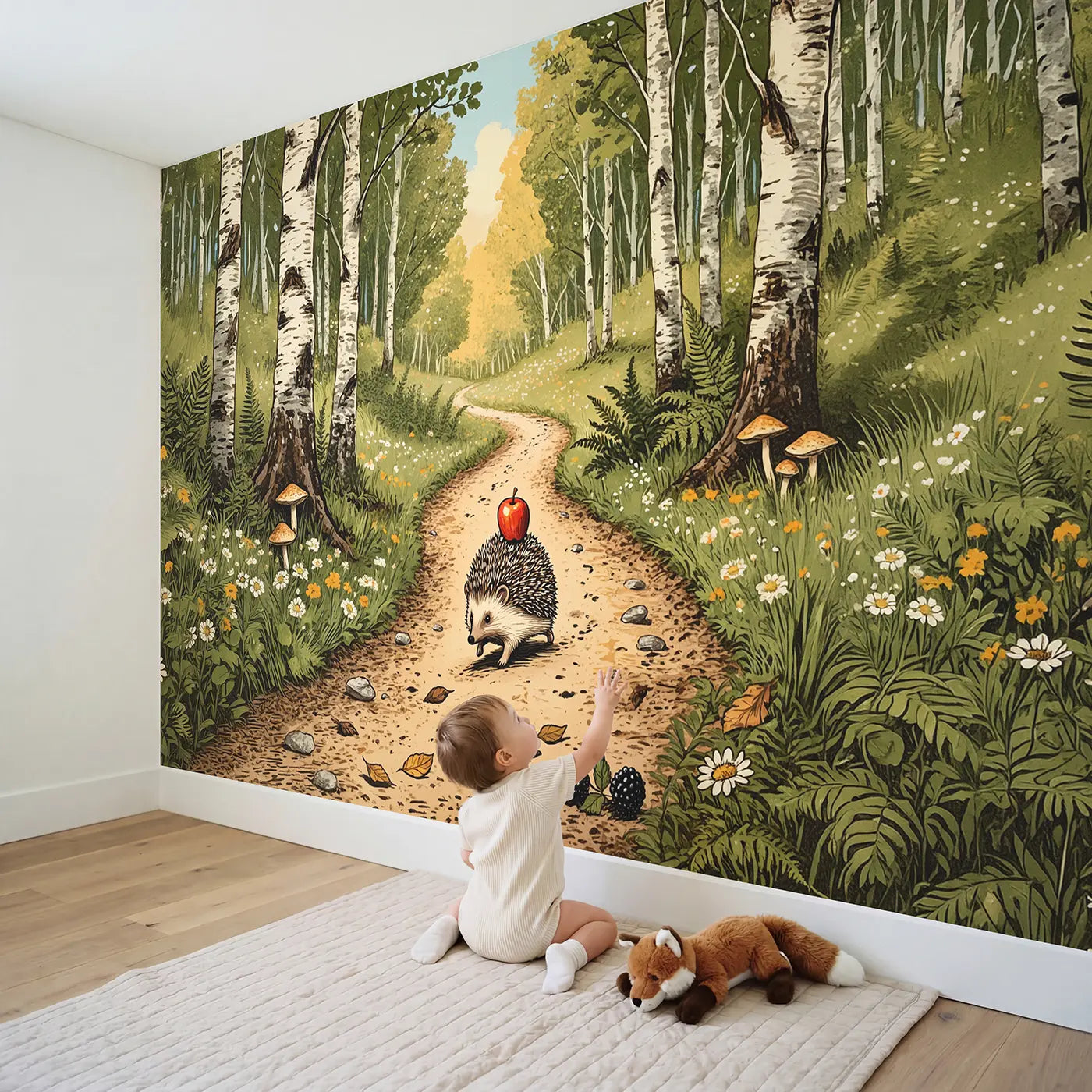 Child in nursery with Hedgehog Apple Forest Path Wallpaper Mural by Whimsy Tots
