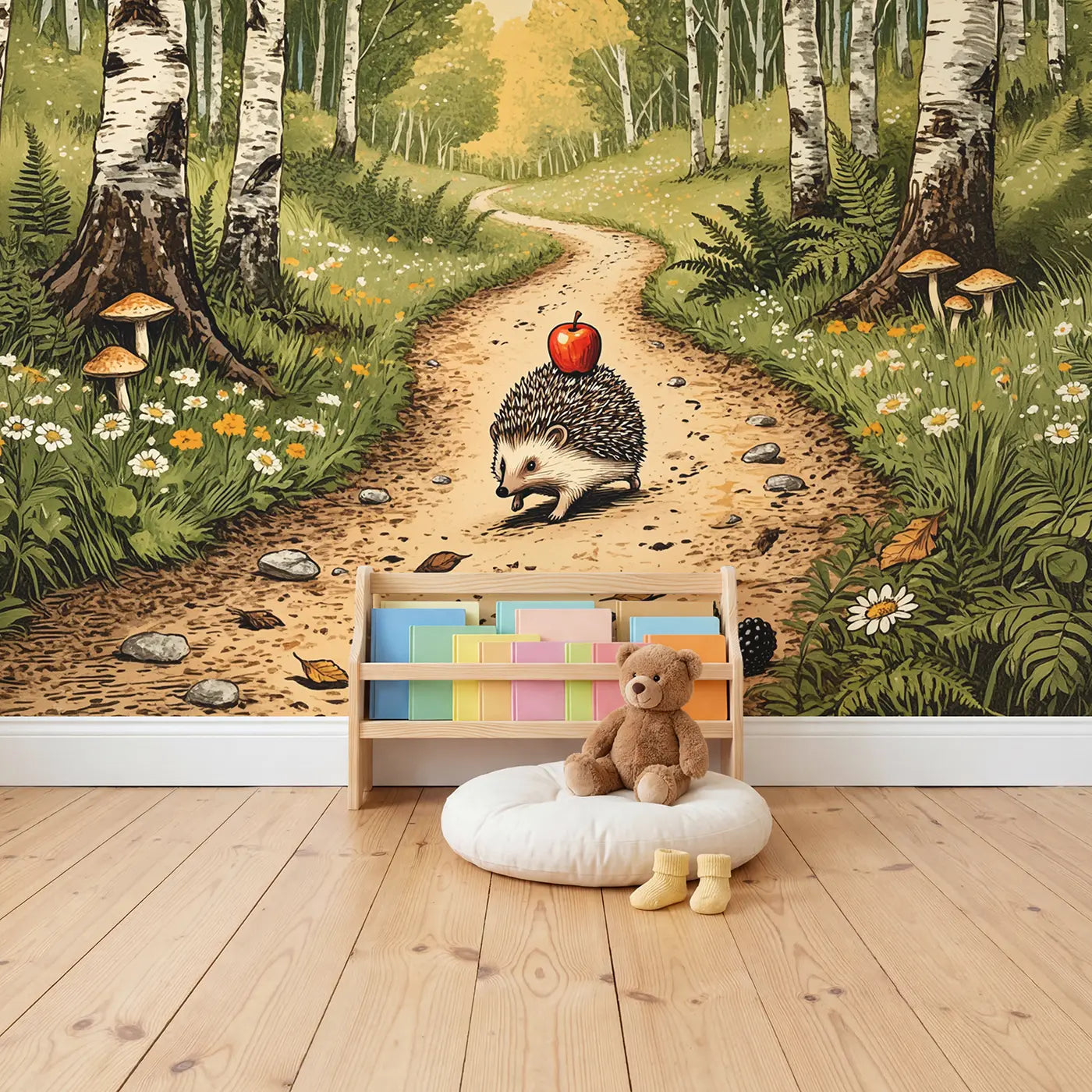 Hedgehog Apple Forest Path Wallpaper Mural in playroom setting by Whimsy Tots