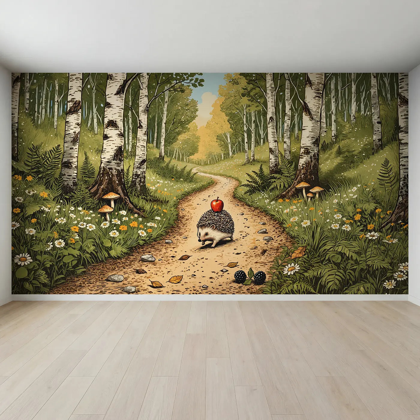 Full view of Hedgehog Apple Forest Path Wallpaper Mural by Whimsy Tots