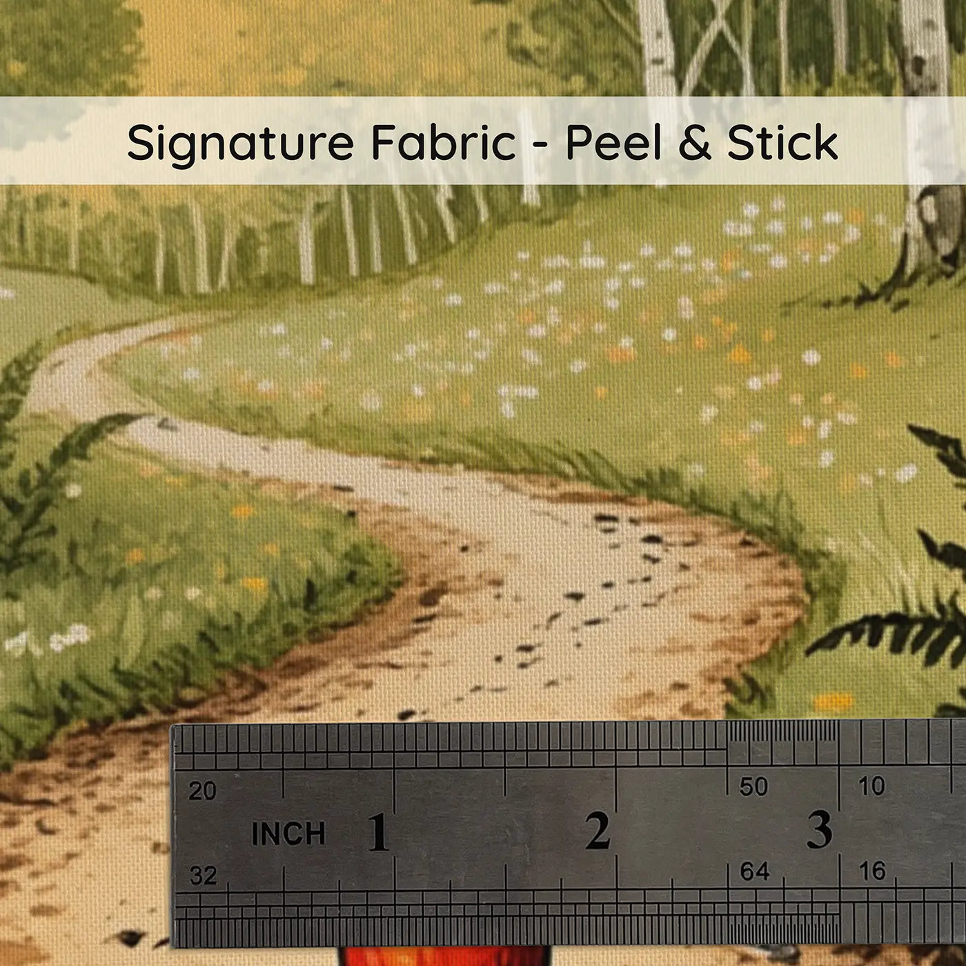 Fabric texture close-up of Hedgehog Apple Forest Path Wallpaper Mural by Whimsy Tots
