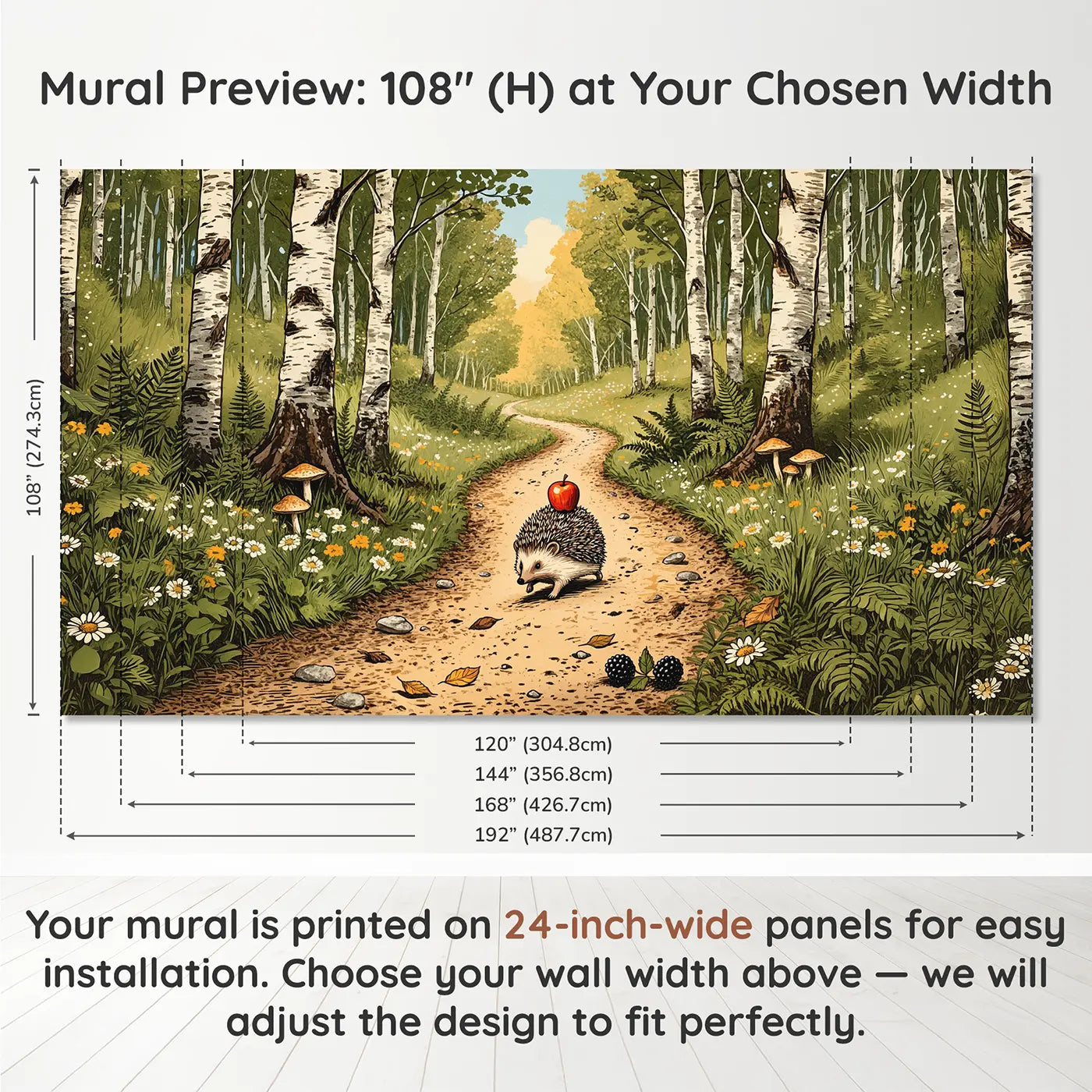 Panel layout and dimensions for Hedgehog Apple Forest Path Wallpaper Mural by Whimsy Tots