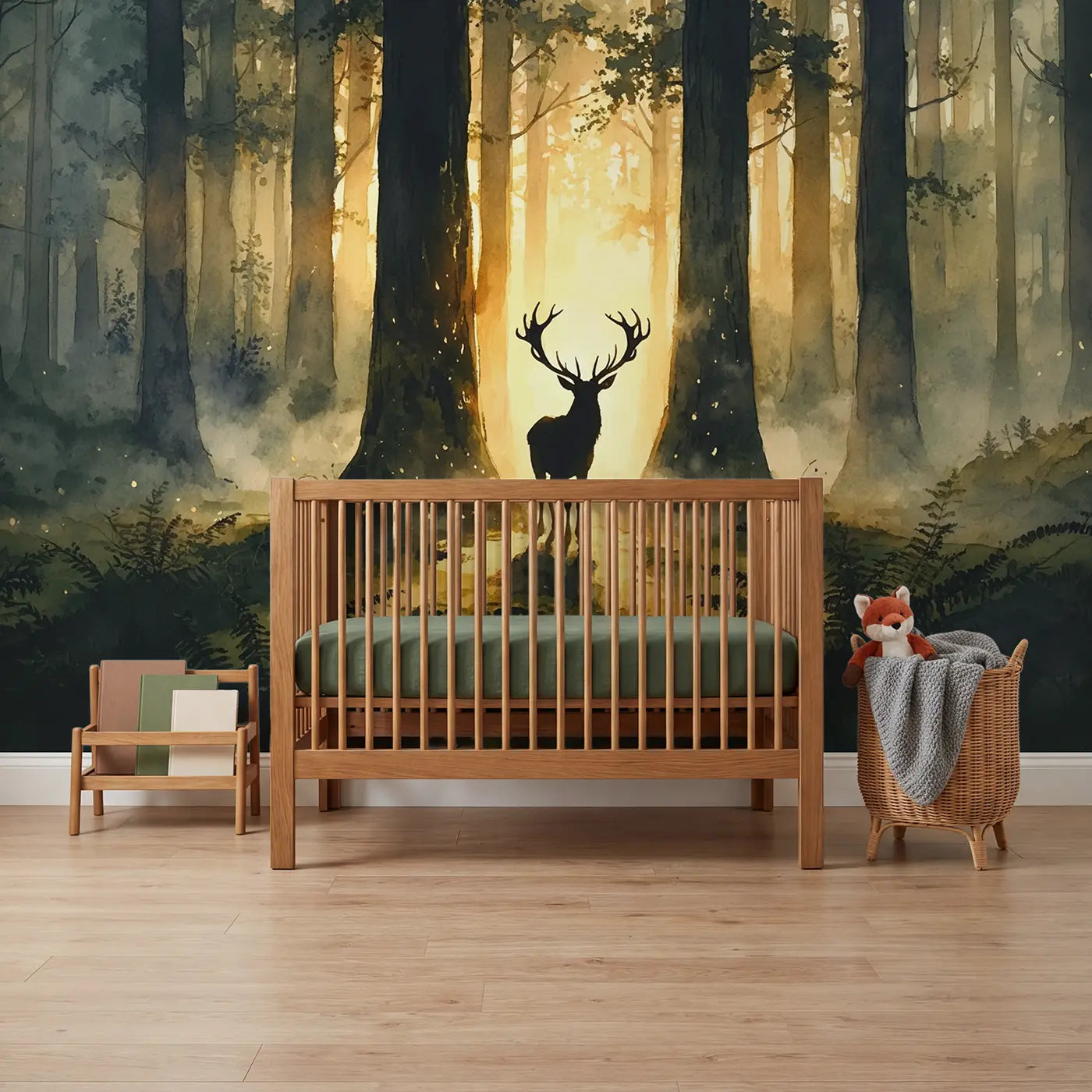 Watercolor cathedral forest deer dawn wallpaper mural for boys room by Whimsy Tots