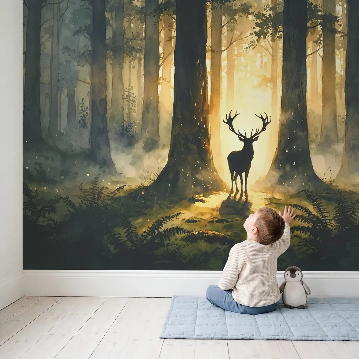 Child in nursery with Cathedral Forest Deer Wallpaper Mural by Whimsy Tots