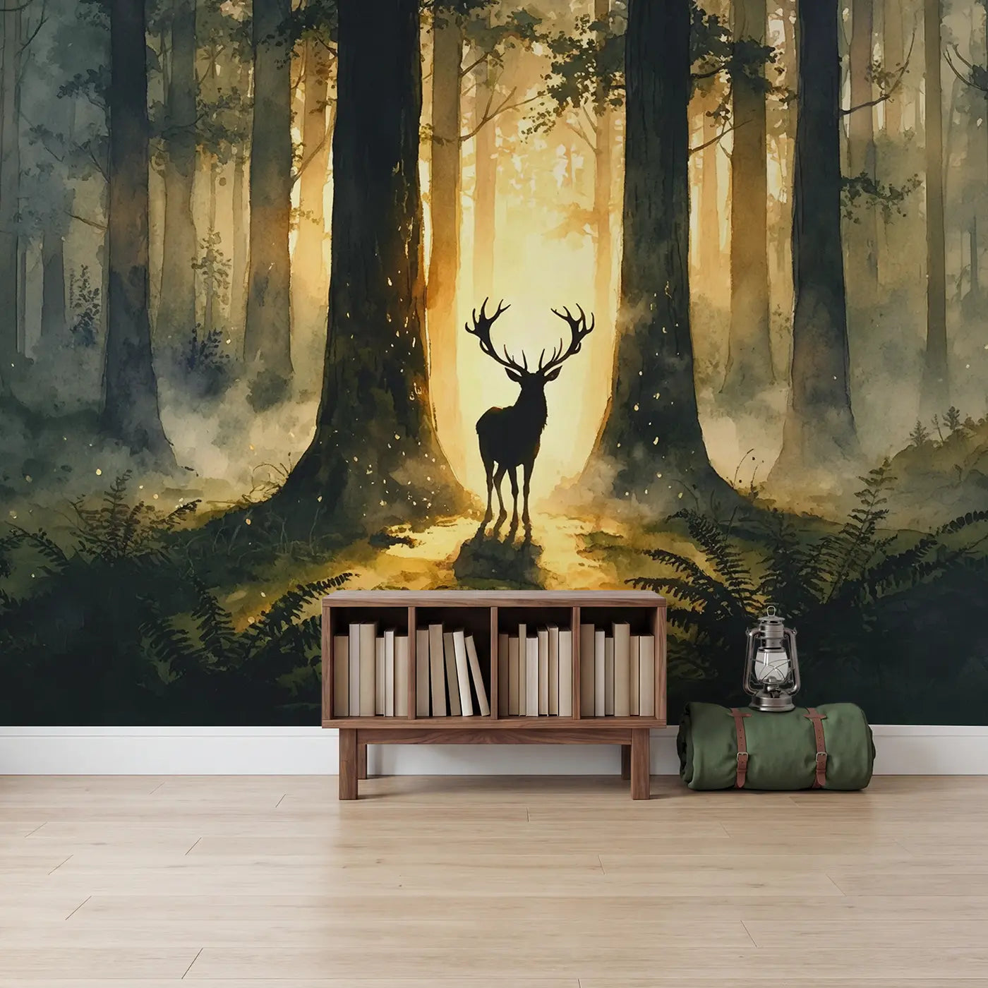 Cathedral Forest Deer Wallpaper Mural in playroom setting by Whimsy Tots