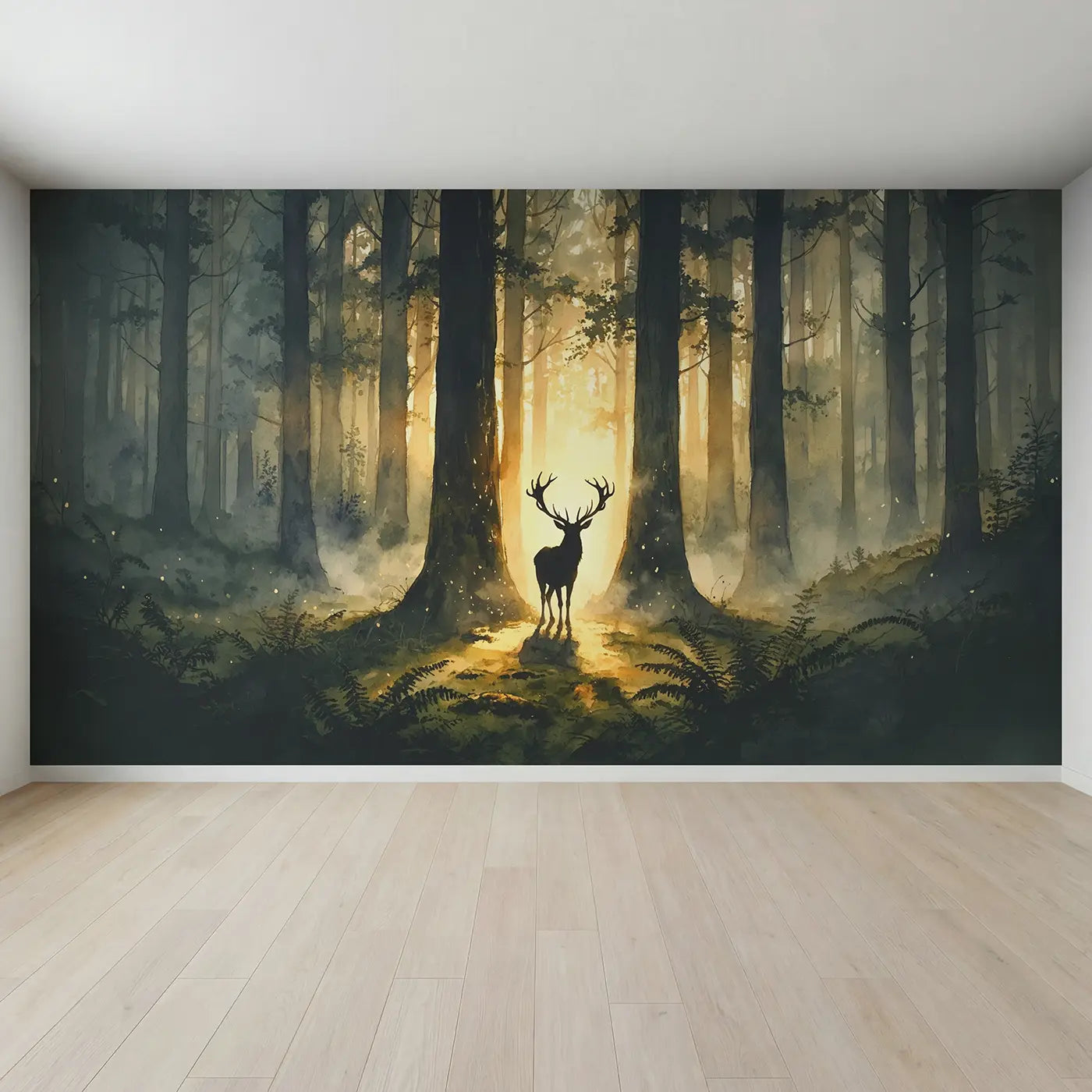 Full view of Cathedral Forest Deer Wallpaper Mural by Whimsy Tots