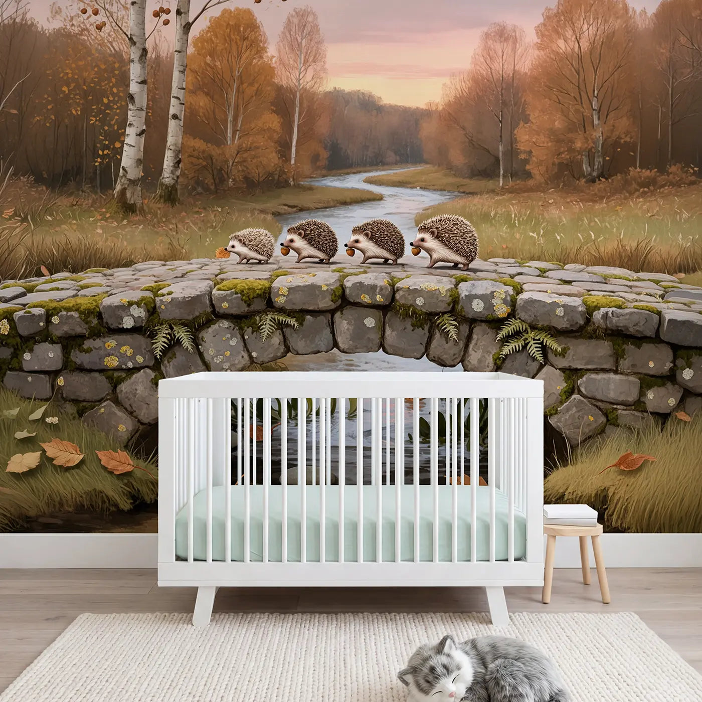 Soft pastel hedgehog woodland wallpaper mural for nursery by Whimsy Tots