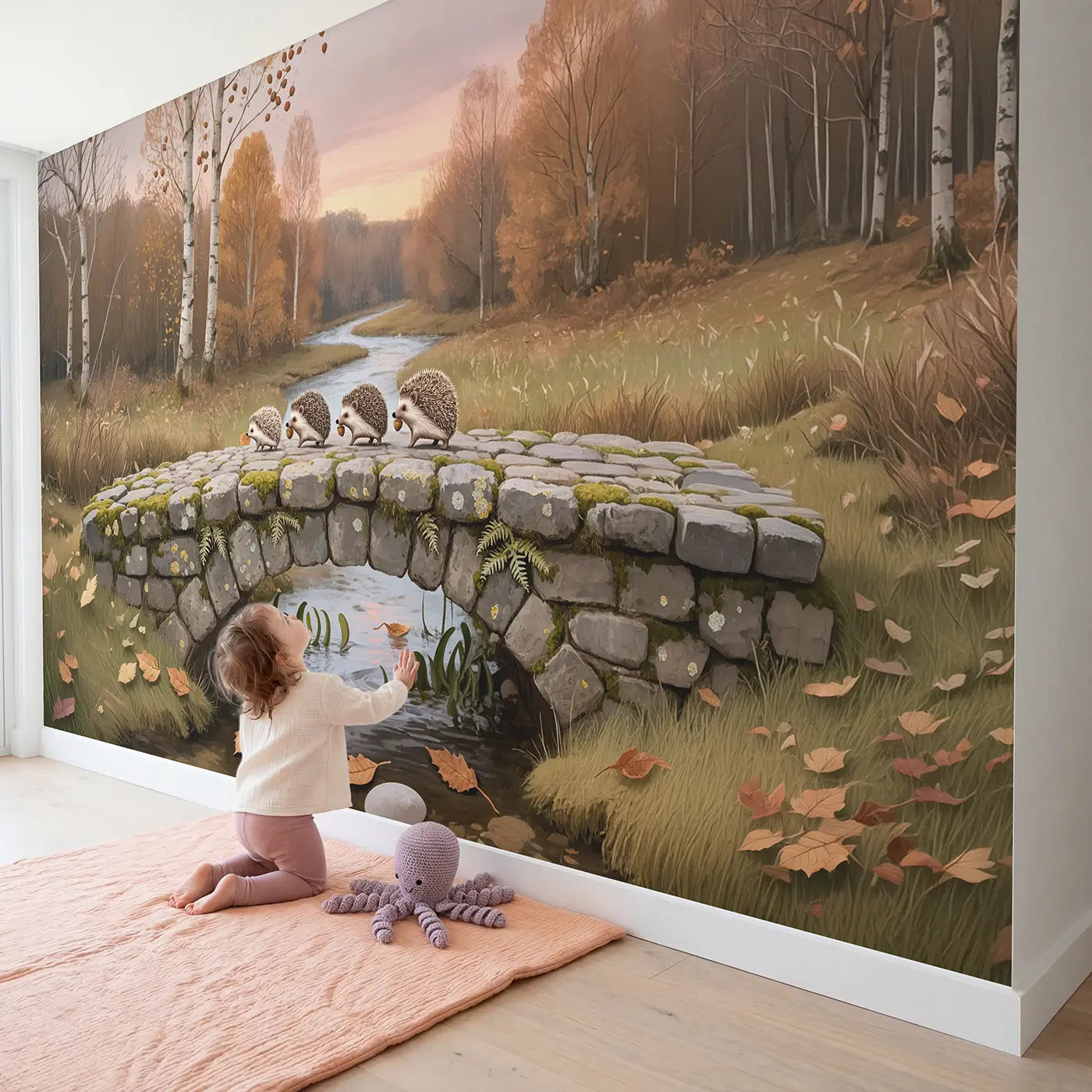 Child in nursery with Hedgehog Bridge Crossing Wallpaper Mural by Whimsy Tots