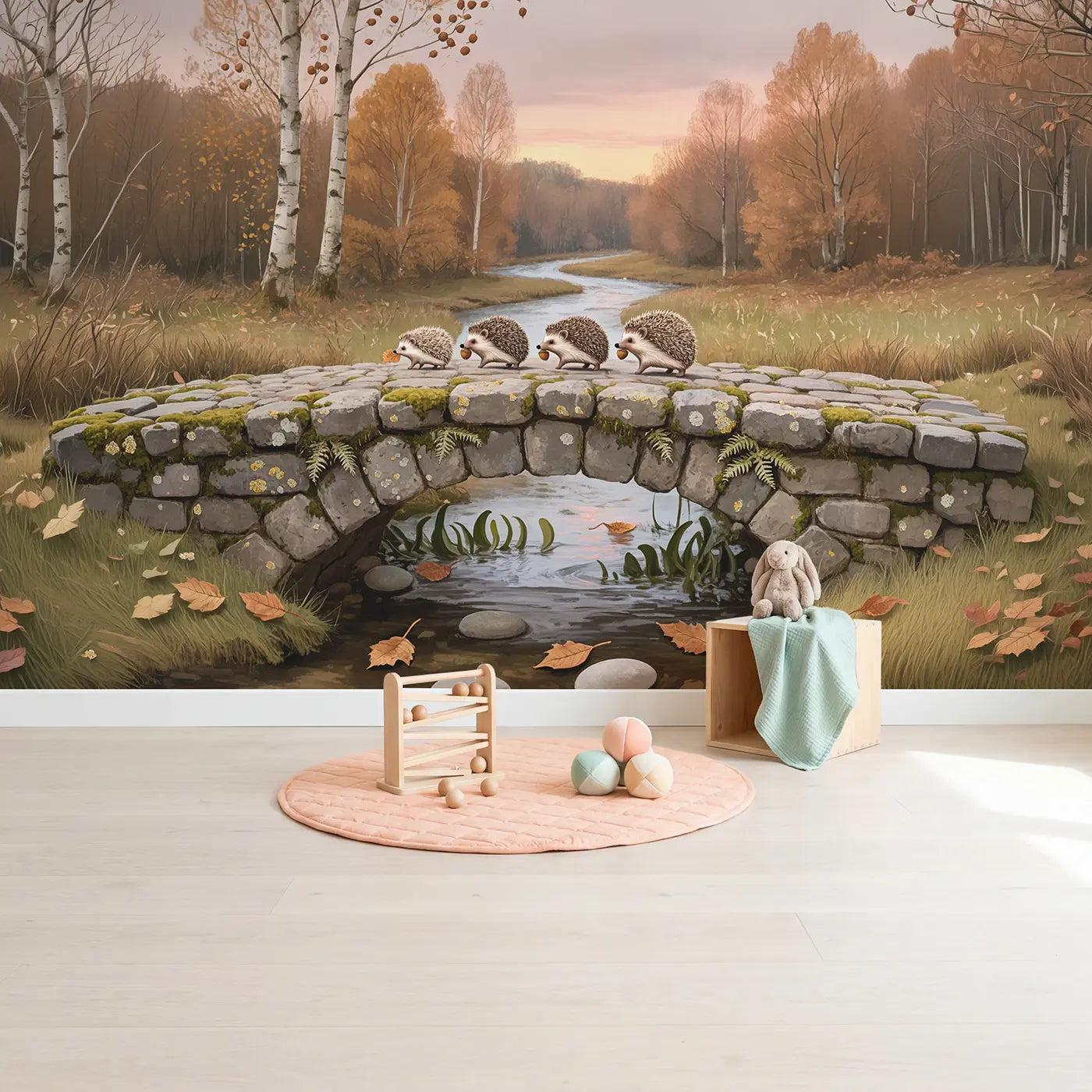 Hedgehog Bridge Crossing Wallpaper Mural in playroom setting by Whimsy Tots