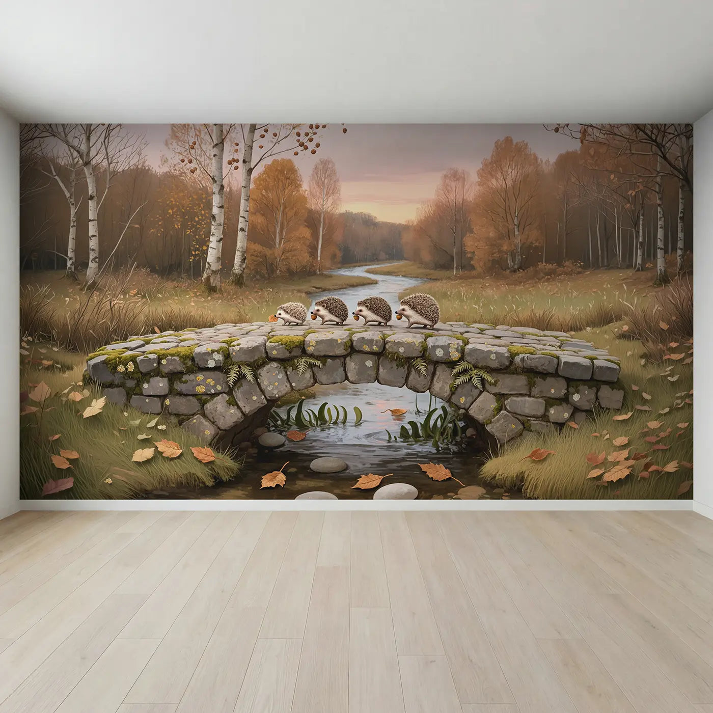Full view of Hedgehog Bridge Crossing Wallpaper Mural by Whimsy Tots